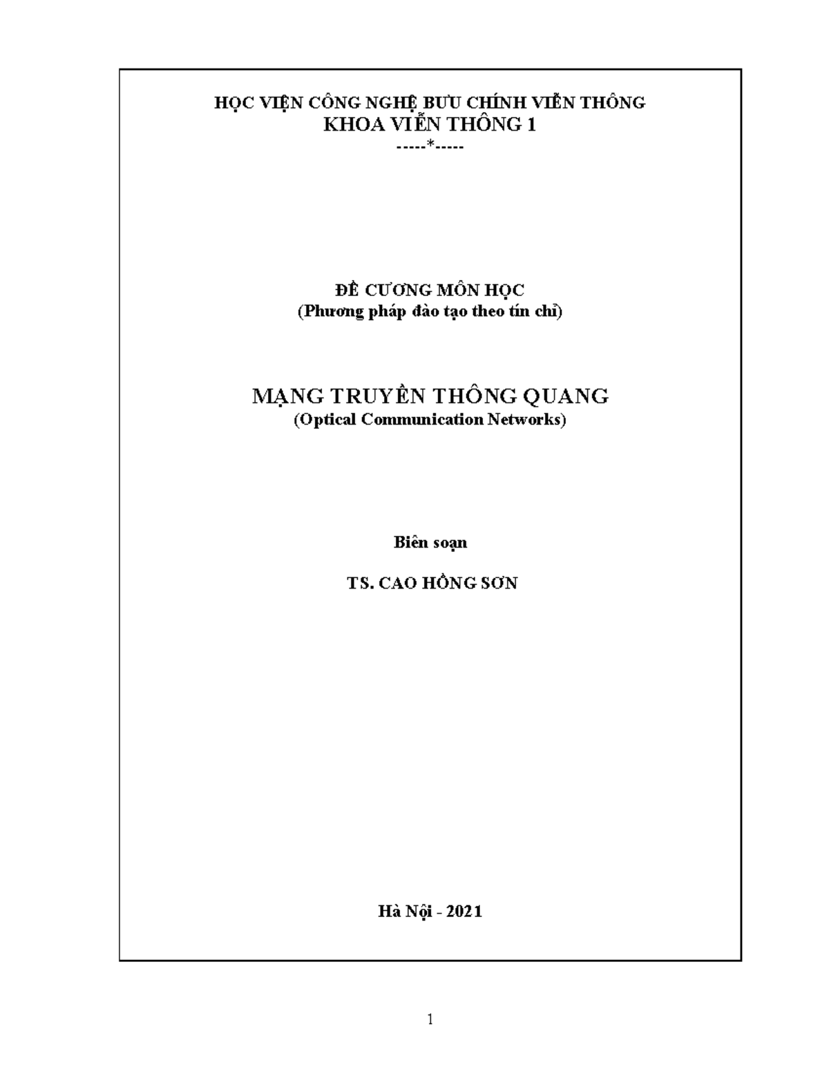 TEL1346 Đề cương môn Mạng truyền thông quang 2021-2022 - Document Preview