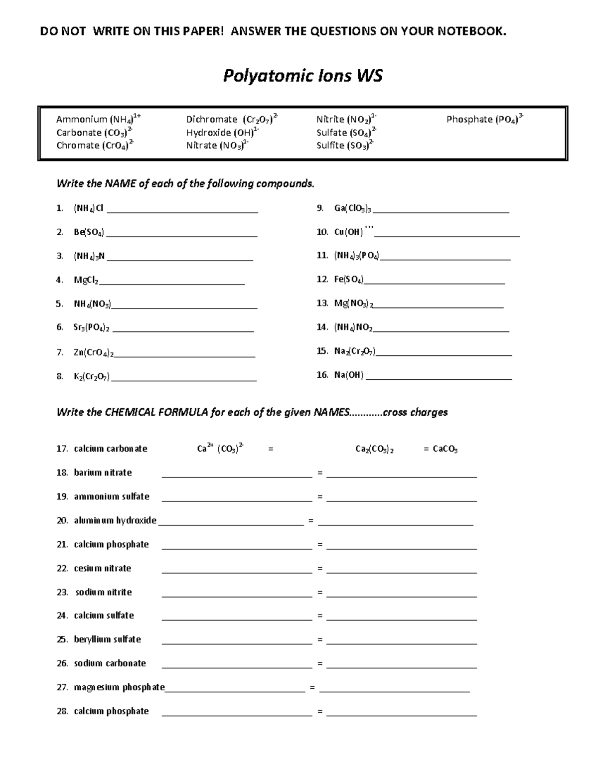 Polyatomic ions worksheet Polyatomic Ions WS Ammonium (NH 4 ) 1