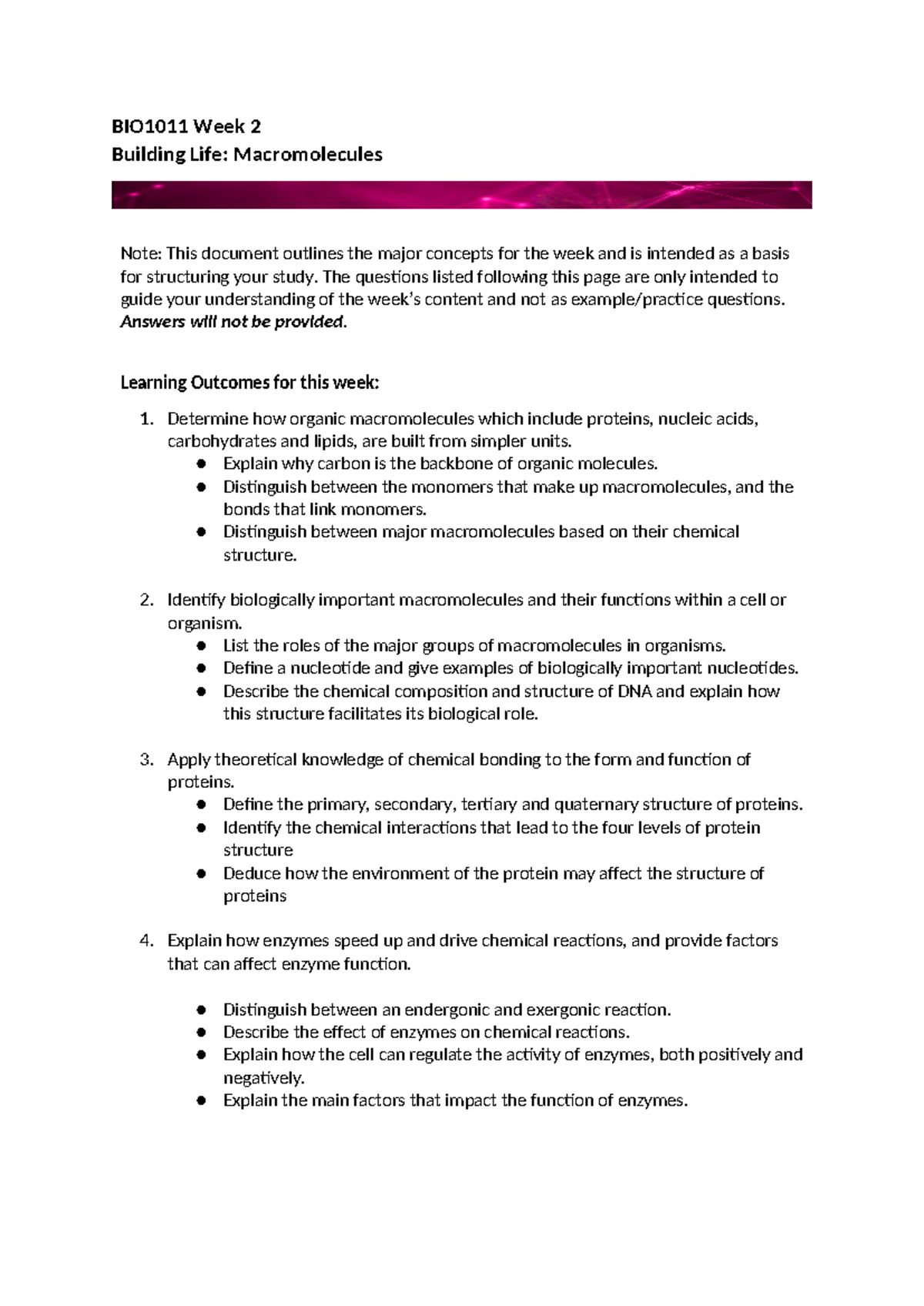 BIO1011 Week 2 Study Guide: Macromolecules & Enzyme Functions - Studocu