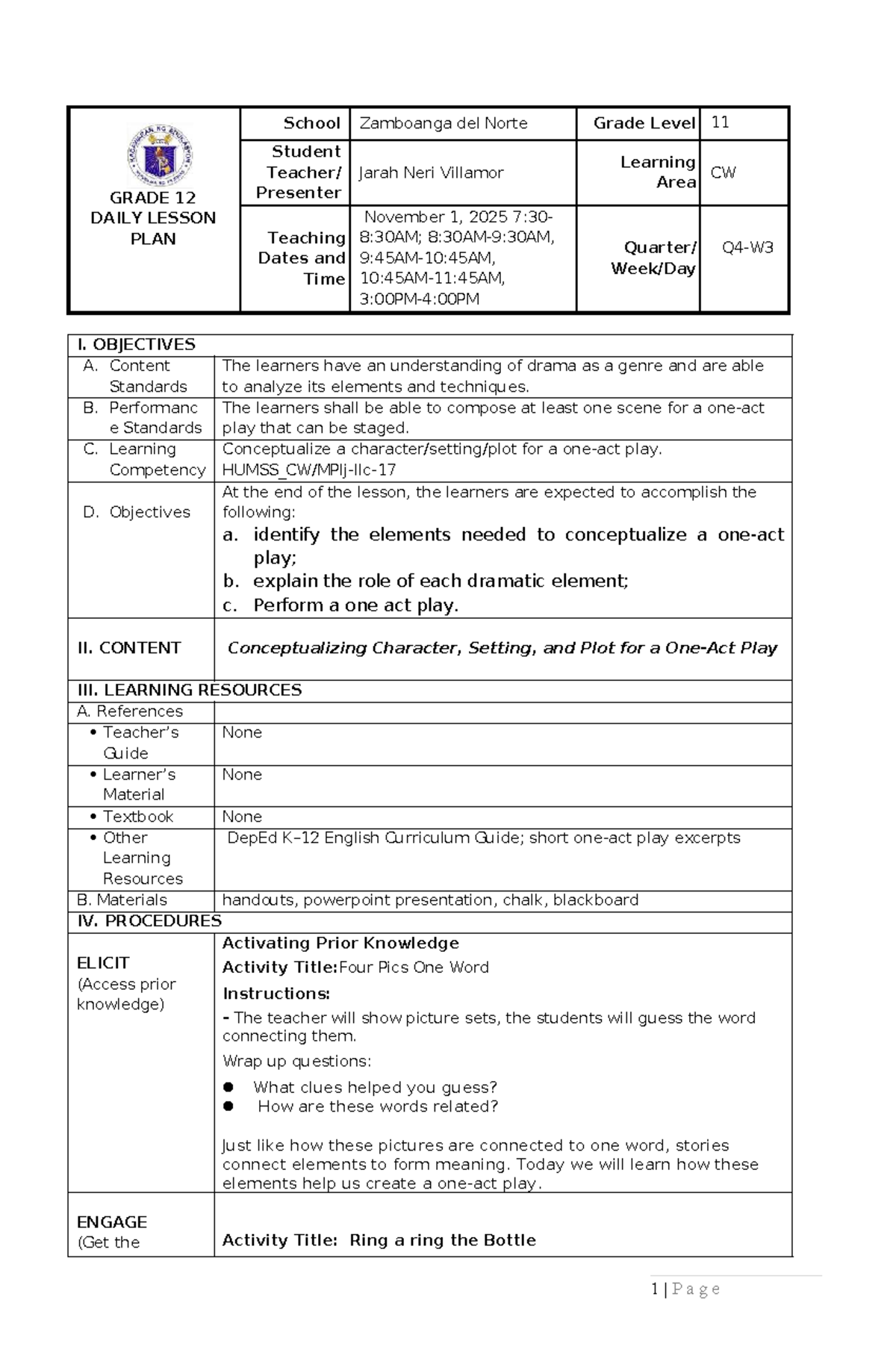Grade 12 Daily Lesson Plan: Conceptualizing Drama Elements - Studocu