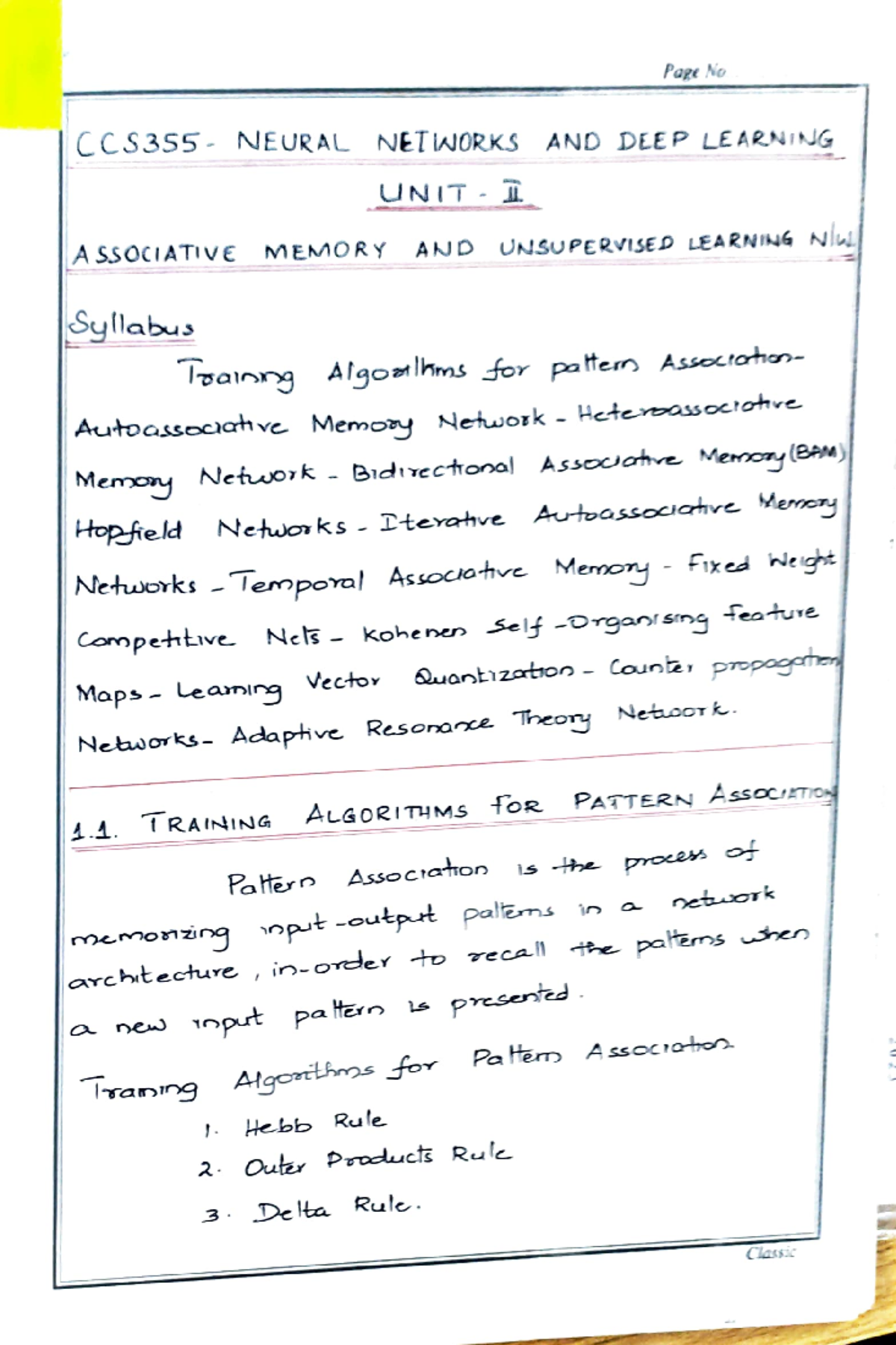 NNDL 2: Associative Memory & Learning Algorithms Notes - Studocu