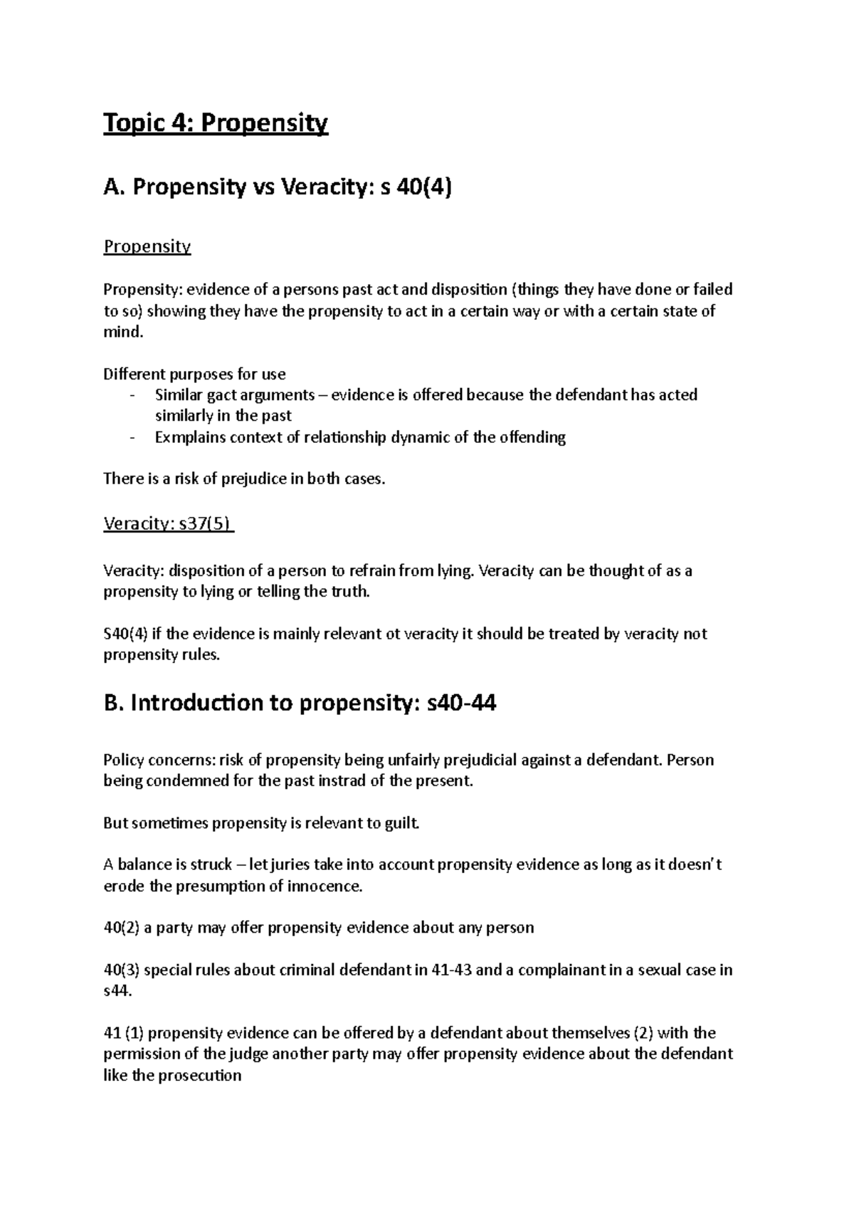 Propensity Evidence Overview for Law Students - Topic 4 Analysis - Studocu