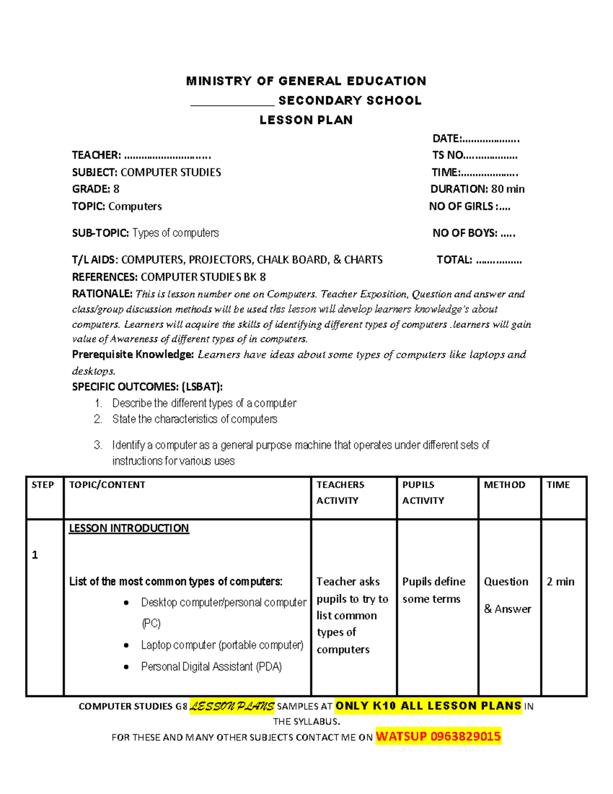 Computer Studies G8: Sample Lesson Plans on Computer Types & Parts ...