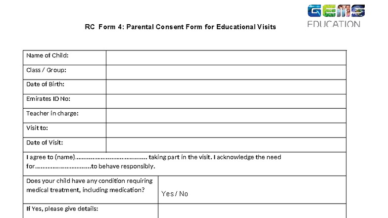 GEMS RC Form 4: Parental Consent for Educational Visits 2024 - Studocu