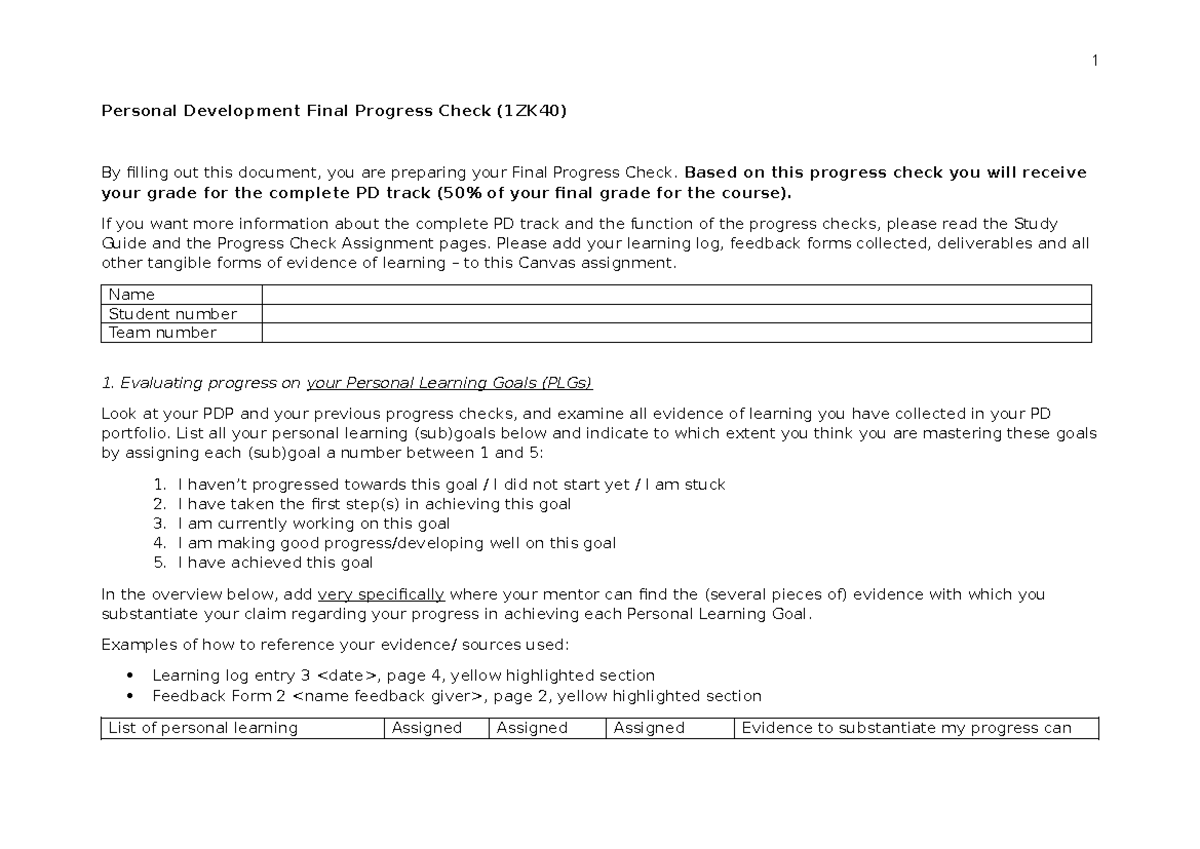PD Final Progress Check Reflection and Evaluation (1ZK40) - Studeersnel