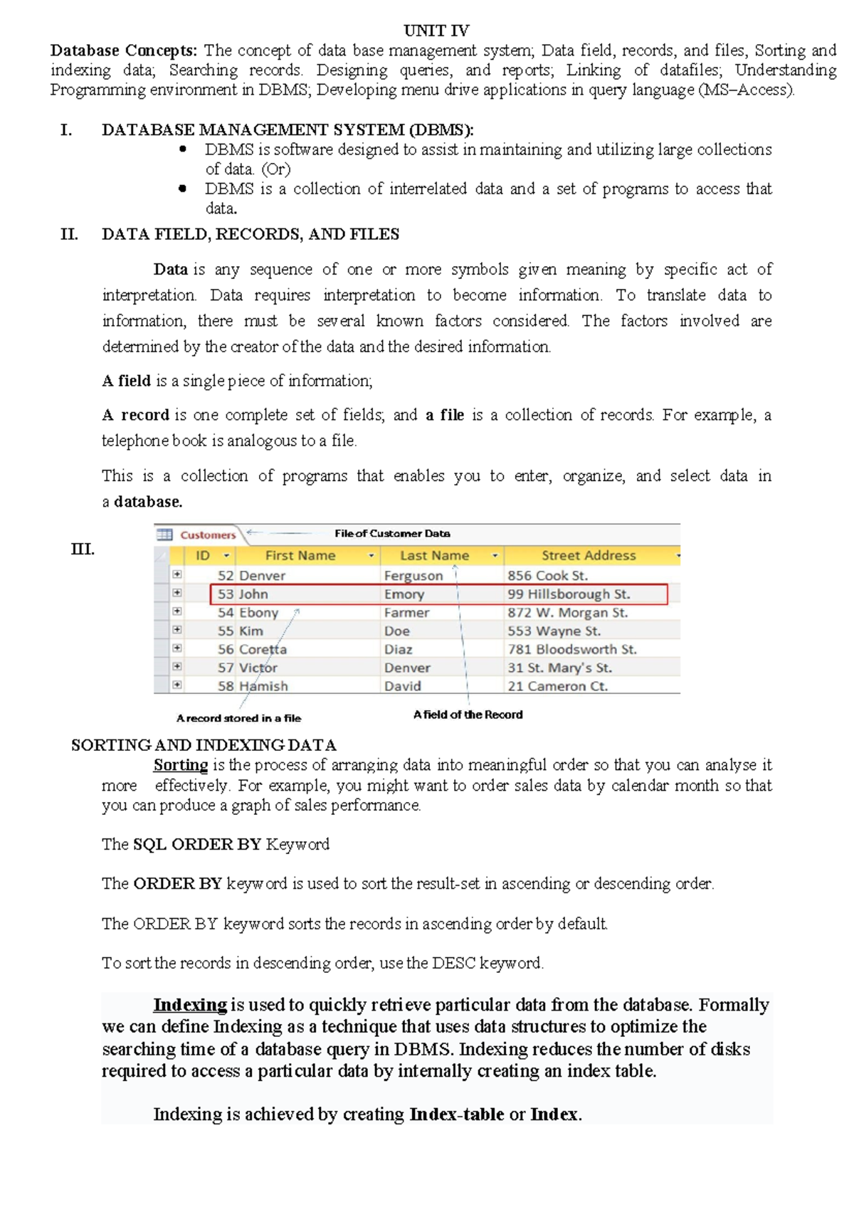 OA UNIT IV - Database Concepts: Data Management, Queries & Indexing ...