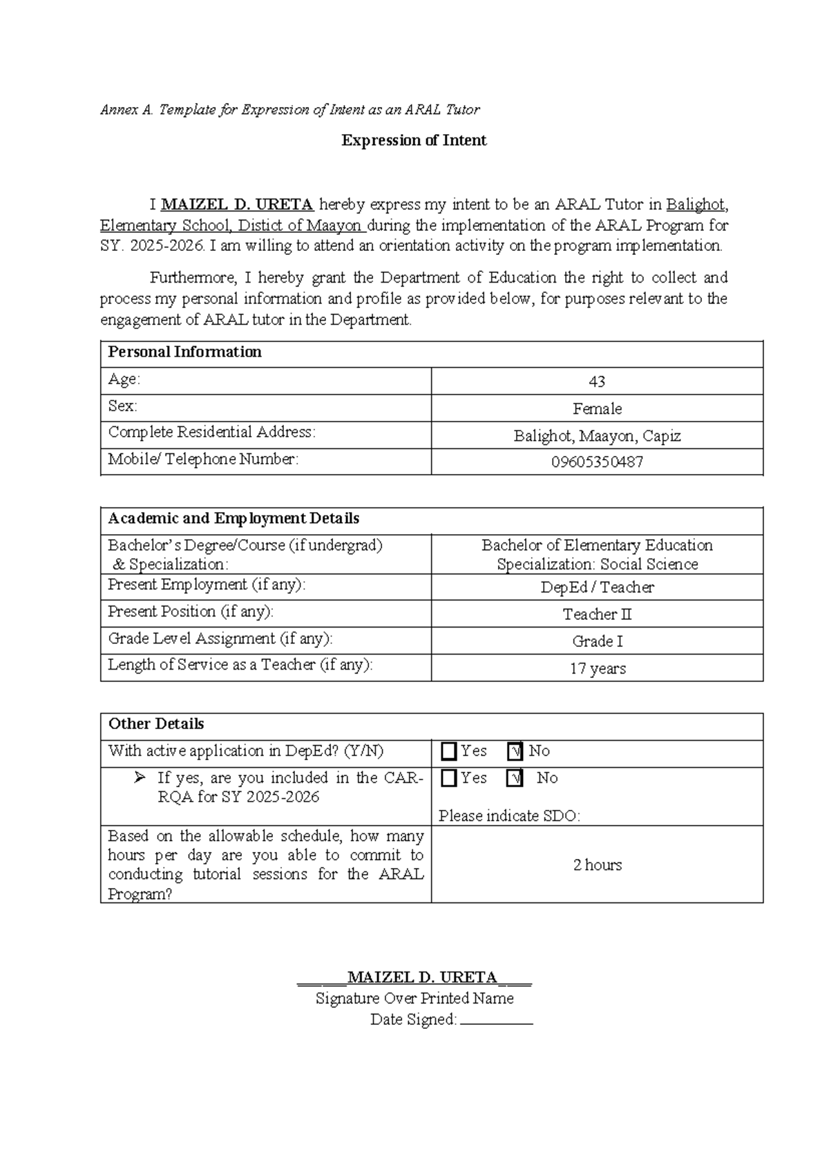 Annex A: Expression of Intent for ARAL Tutor Application - Studocu