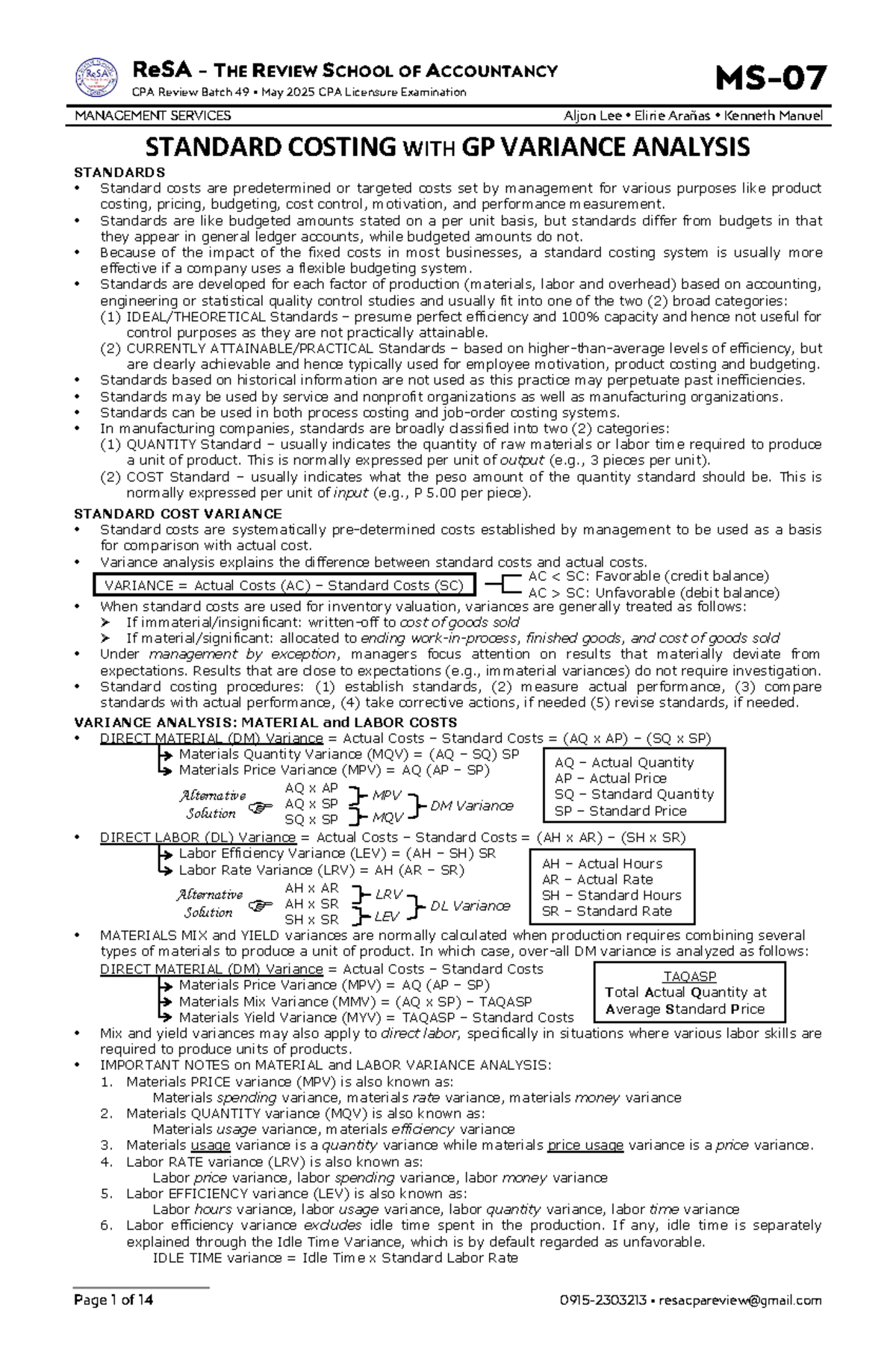 MS-07 Standard Costing & Gross Profit Variance Analysis Guide - Studocu