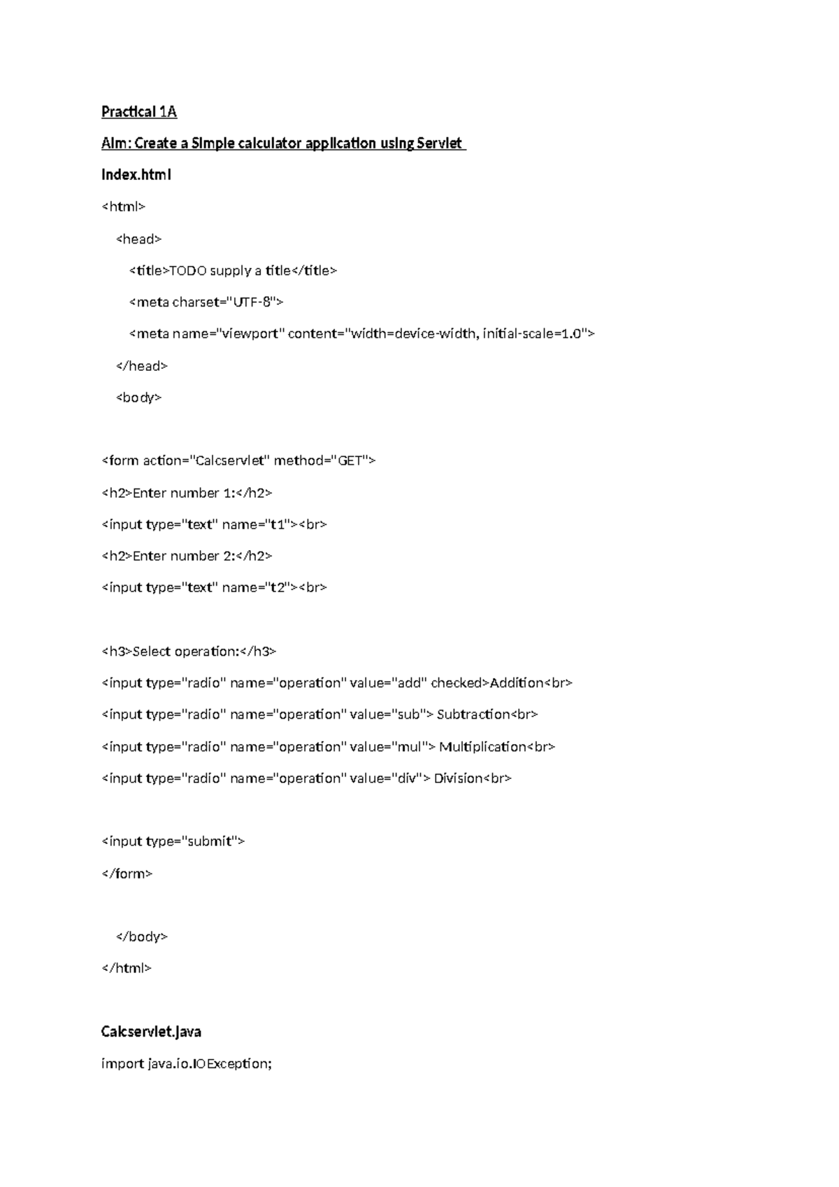 Java practical - Practical 1A Aim: Create a Simple calculator ...