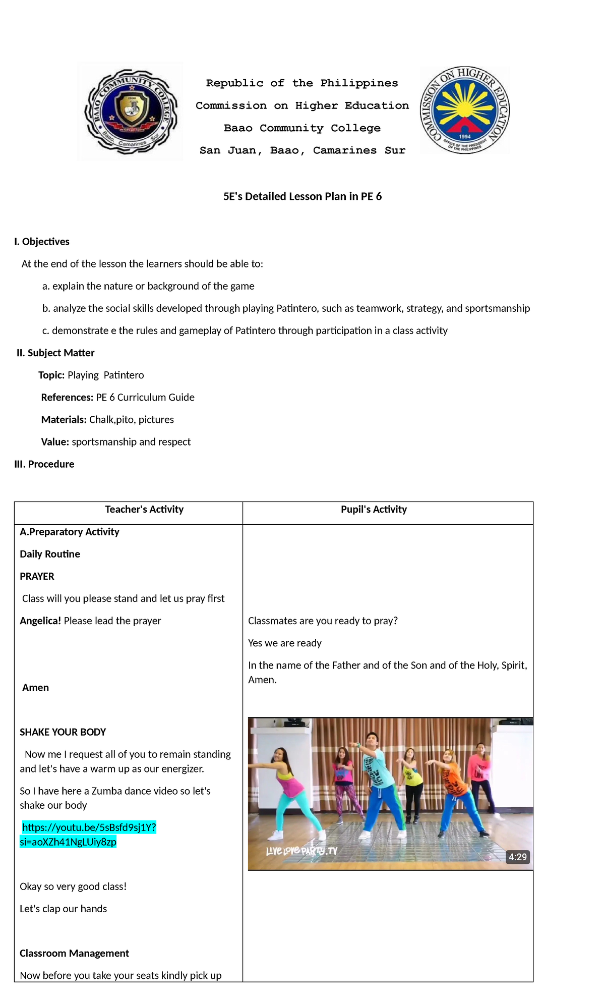5E's Detailed Lesson Plan for Patintero in PE 6 - Studocu
