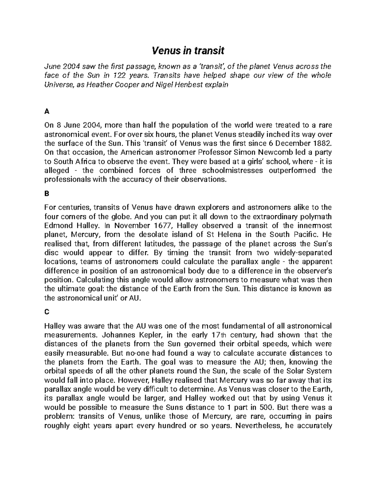 Venus in Transit: Reading Passage for IELTS Preparation - Studocu