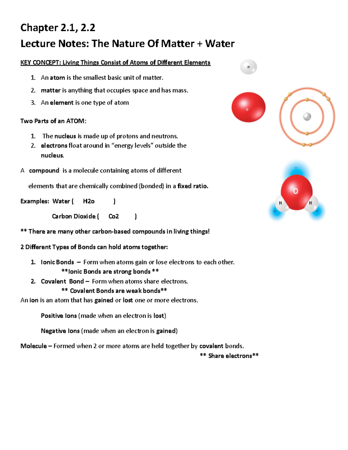Chapter 2.1 & 2.2 Lecture Notes: Nature of Matter & Water Concepts ...
