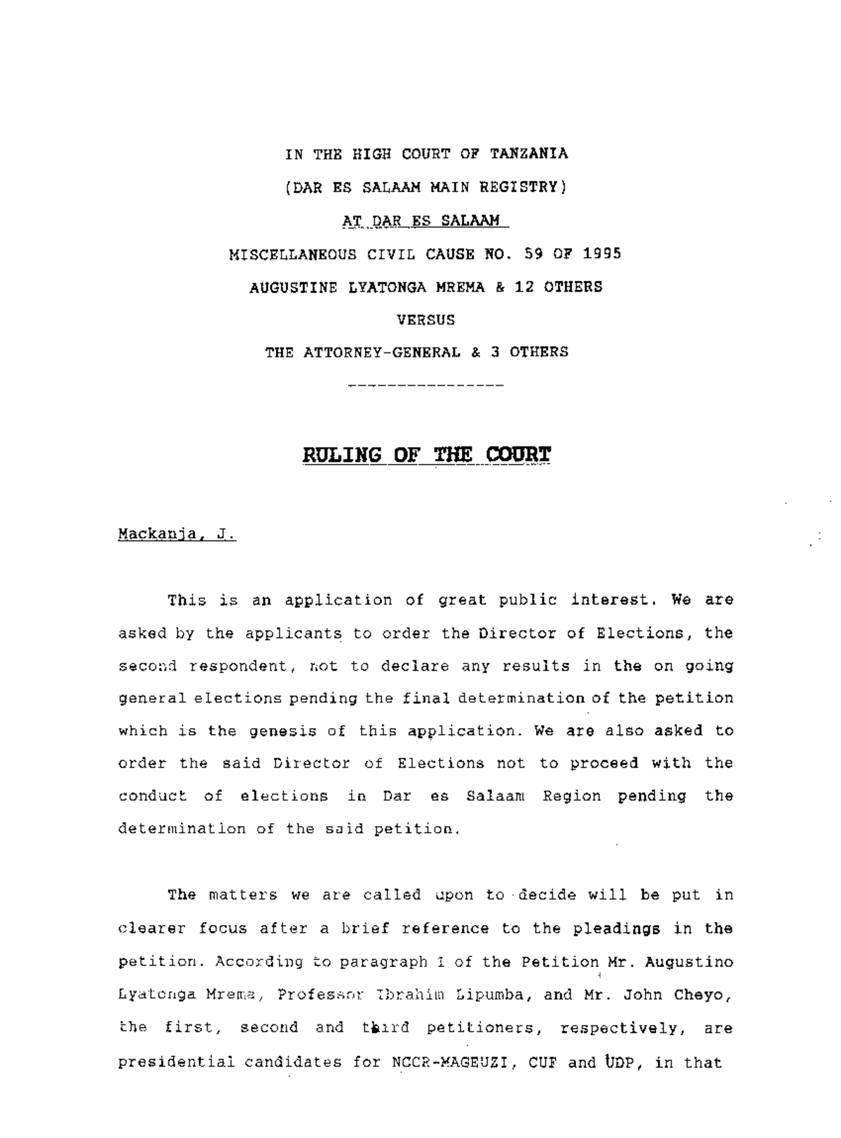 Ruling on Miscellaneous Civil Cause No. 59 of 1995: Mrema vs. AG - Studocu