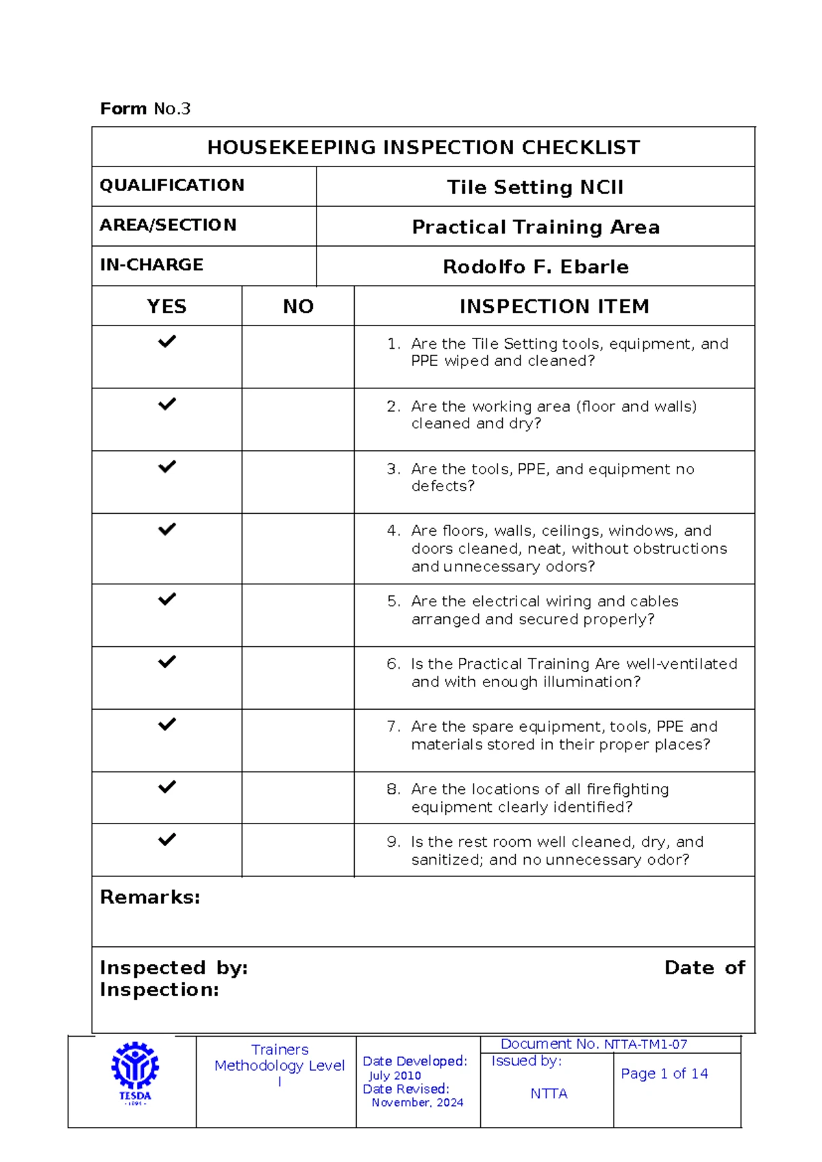 Housekeeping Inspection Checklist for Bread and Pastry Production NCII ...