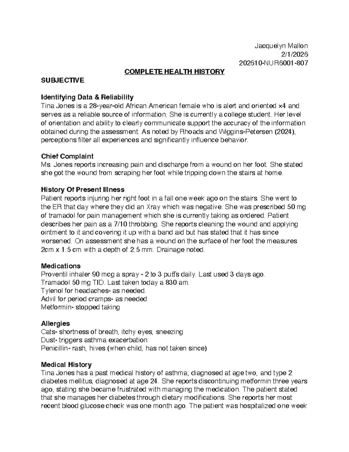 Health History Assignment: Tina Jones' Complete Health Overview - Studocu