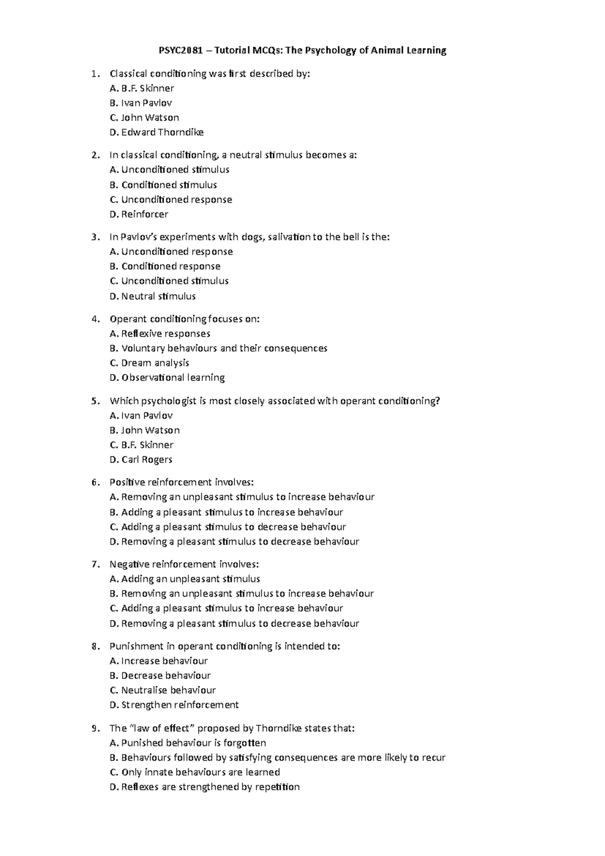 PSYC2081 Tutorial MCQs: Classical & Operant Conditioning Concepts - Studocu