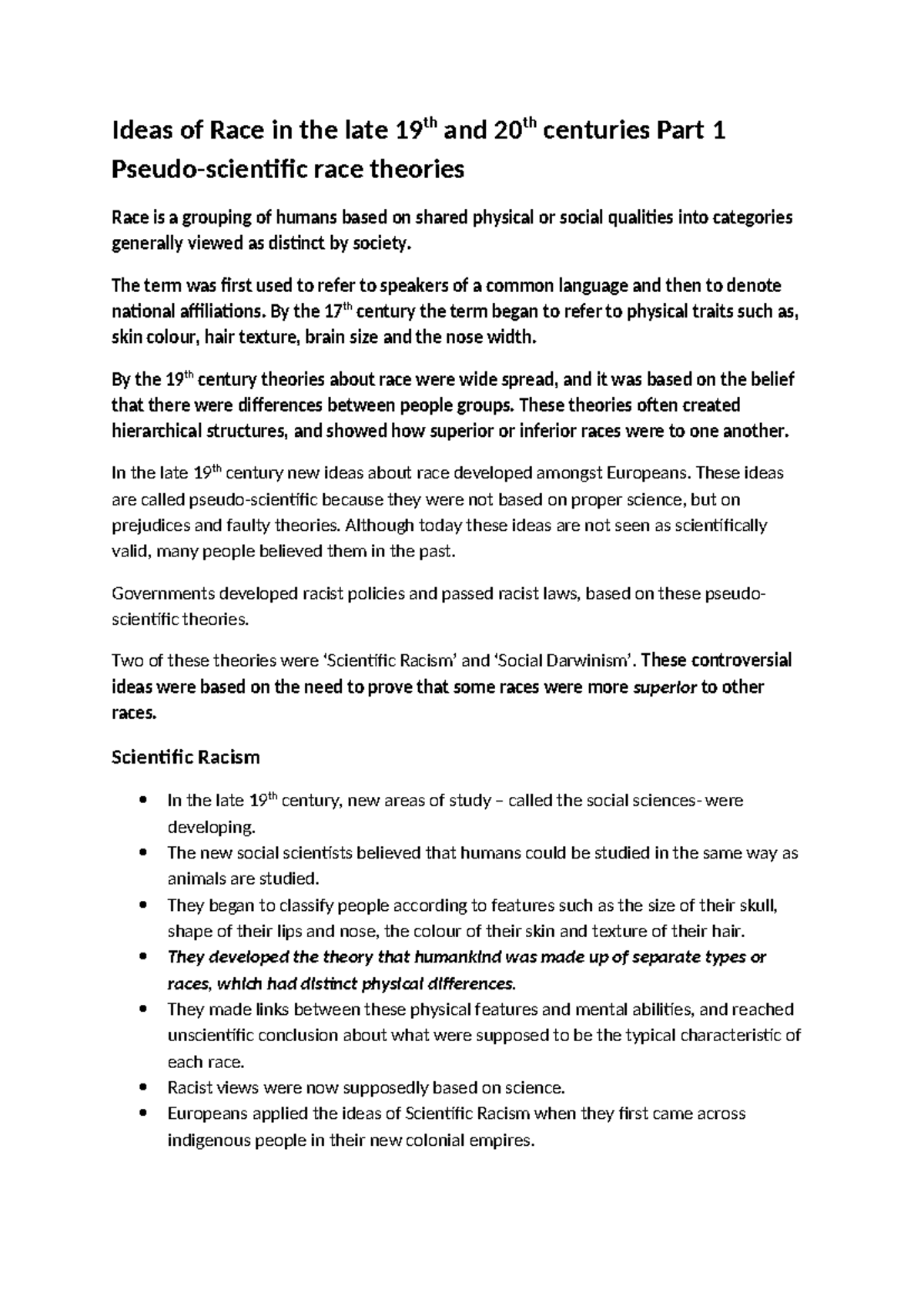 Topic 3 History - Summary of Race Theories in 19th-20th Century - Studocu