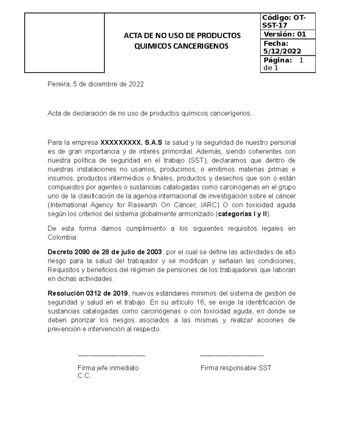 OT-SST-37 Acta de No Uso de Productos Químicos Cancerígenos - Document Preview