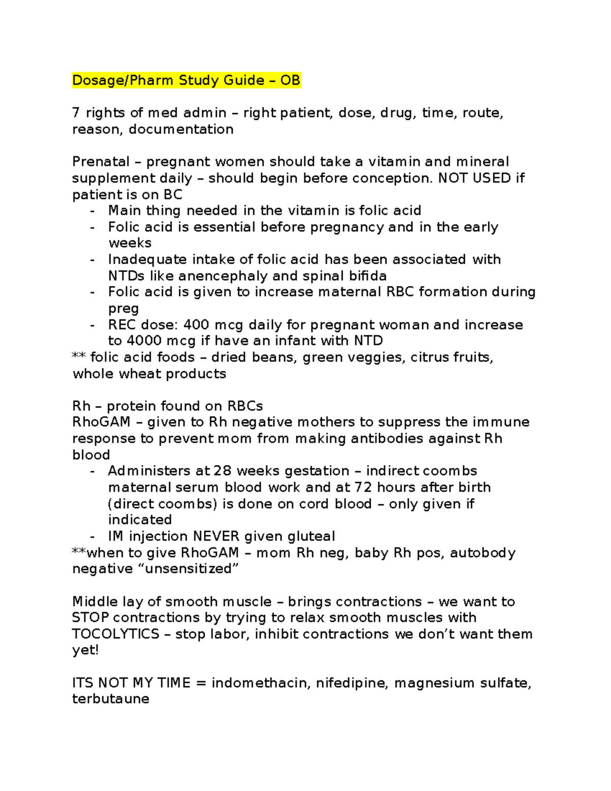 Pharm Study Guide: OB Med Admin & Tocolytic Management - Studocu