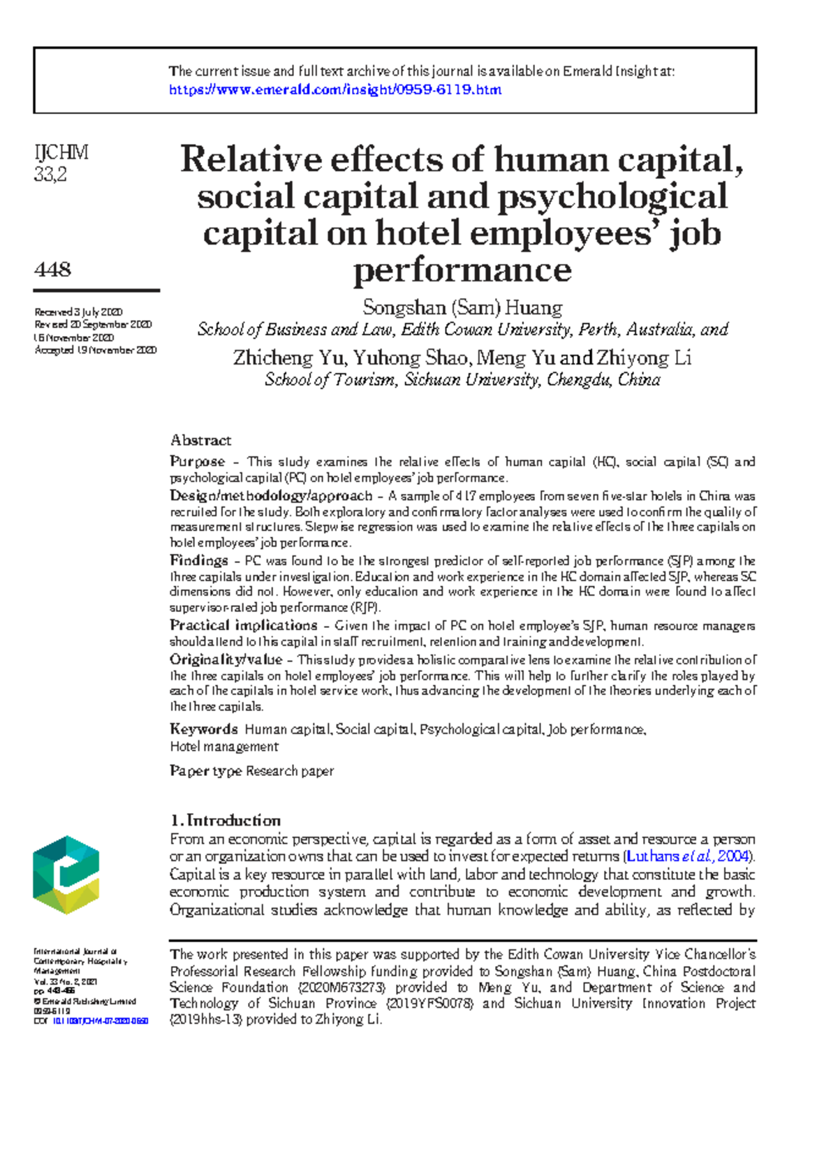 Relative Effects of Human, Social, and Psychological Capital on Hotel ...