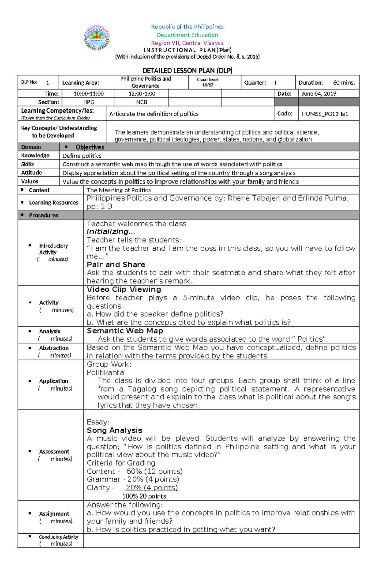 DLP: Philippine Politics and Governance - Detailed Lesson Plans for ...
