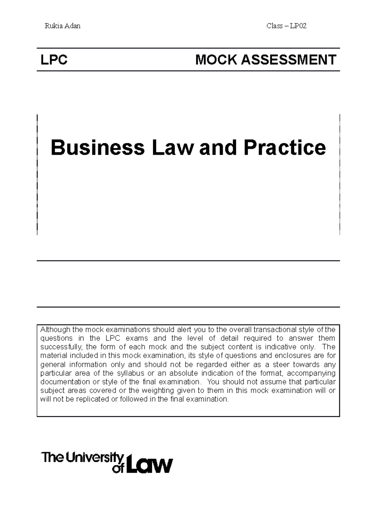 LPC Mock Exam - Business Law & Practice MCQs and Essay Questions - Studocu