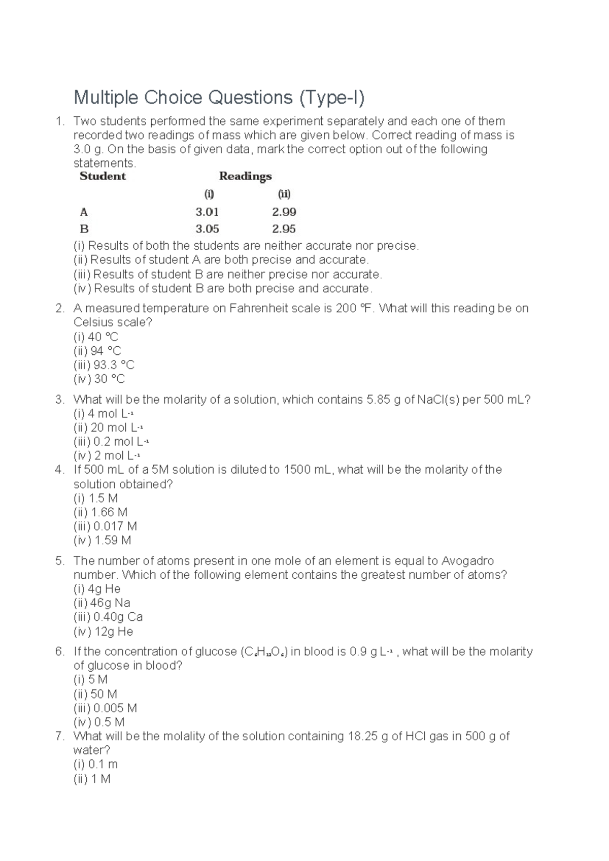 Chem 101 - Multiple Choice Questions (Type-I) - Studocu