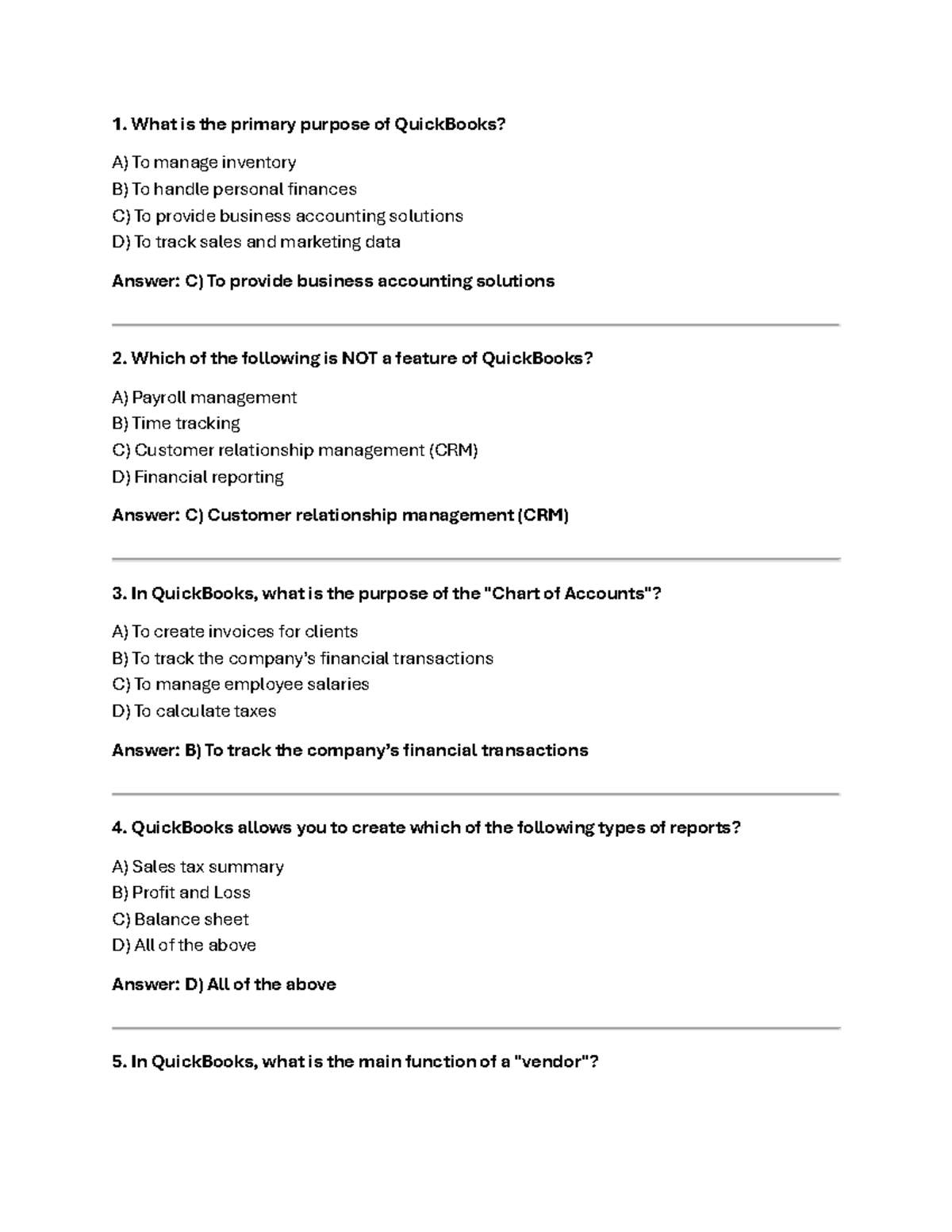 AIS CFE Practice Drills: QuickBooks Q&A with Answer Key - Studocu