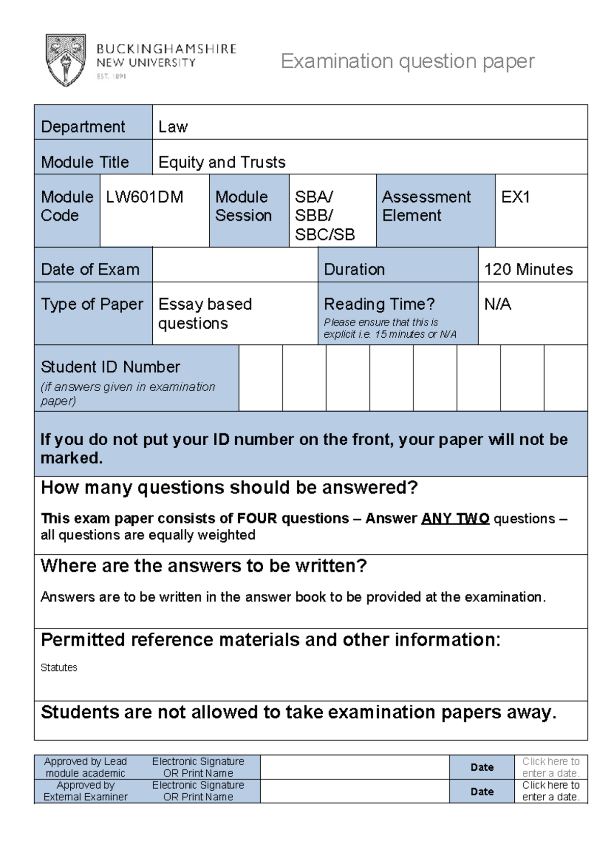 EXAM LW601DM Equity and Trusts 2024 DEC (3) - Examination question ...