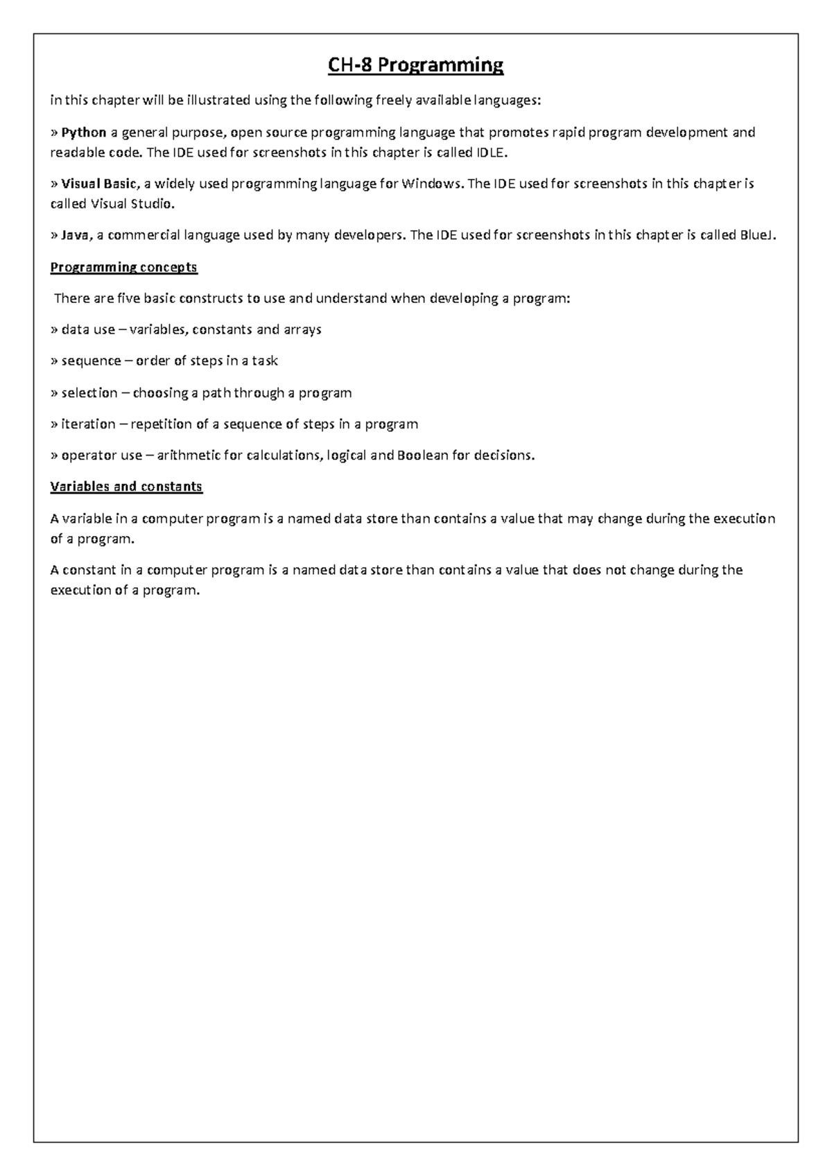 Programming Concepts and Basic Constructs in Python, VB, and Java - Studocu
