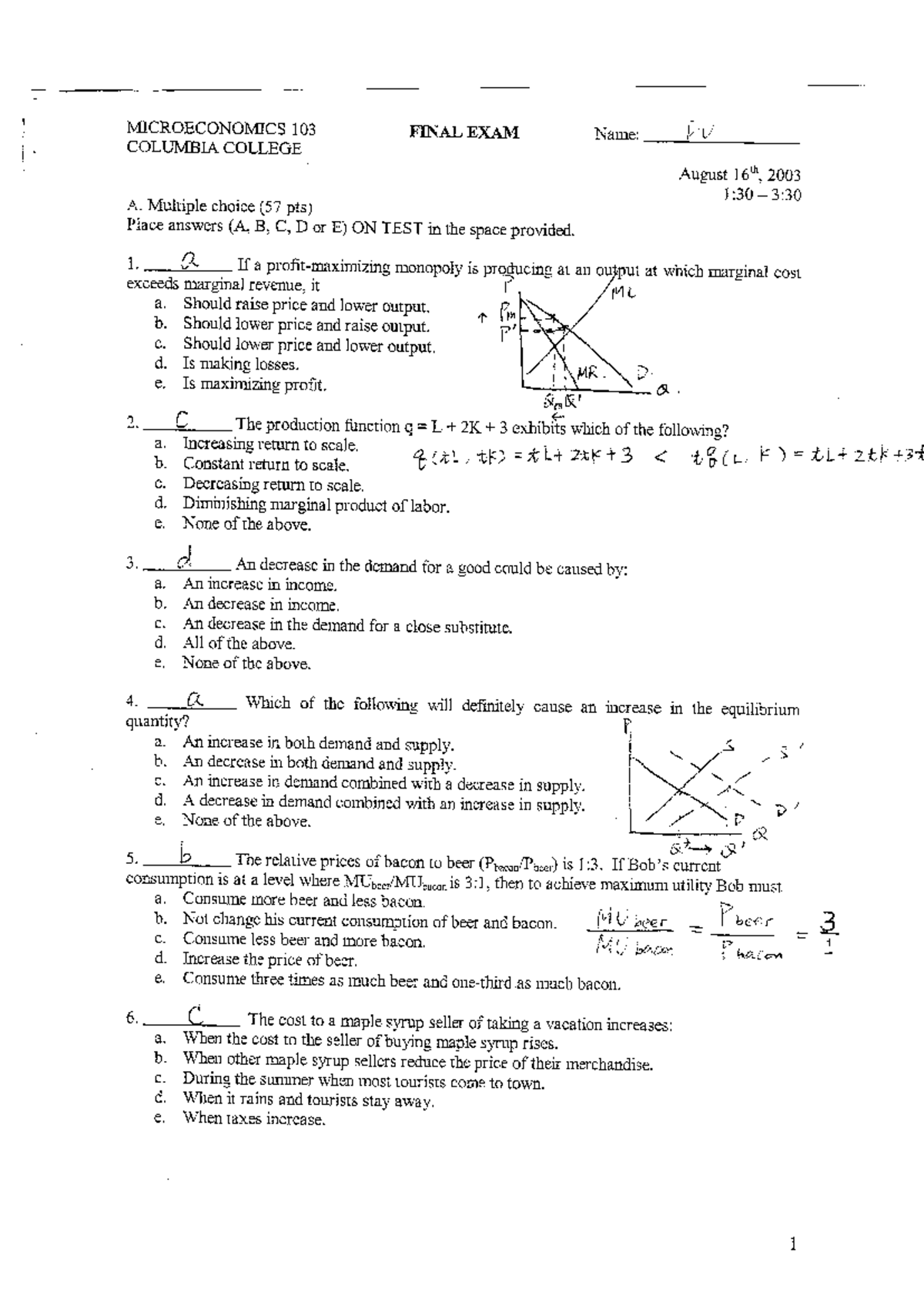 MICROECONOMICS 103 Practice Final Exam A Questions and Answers - Studocu