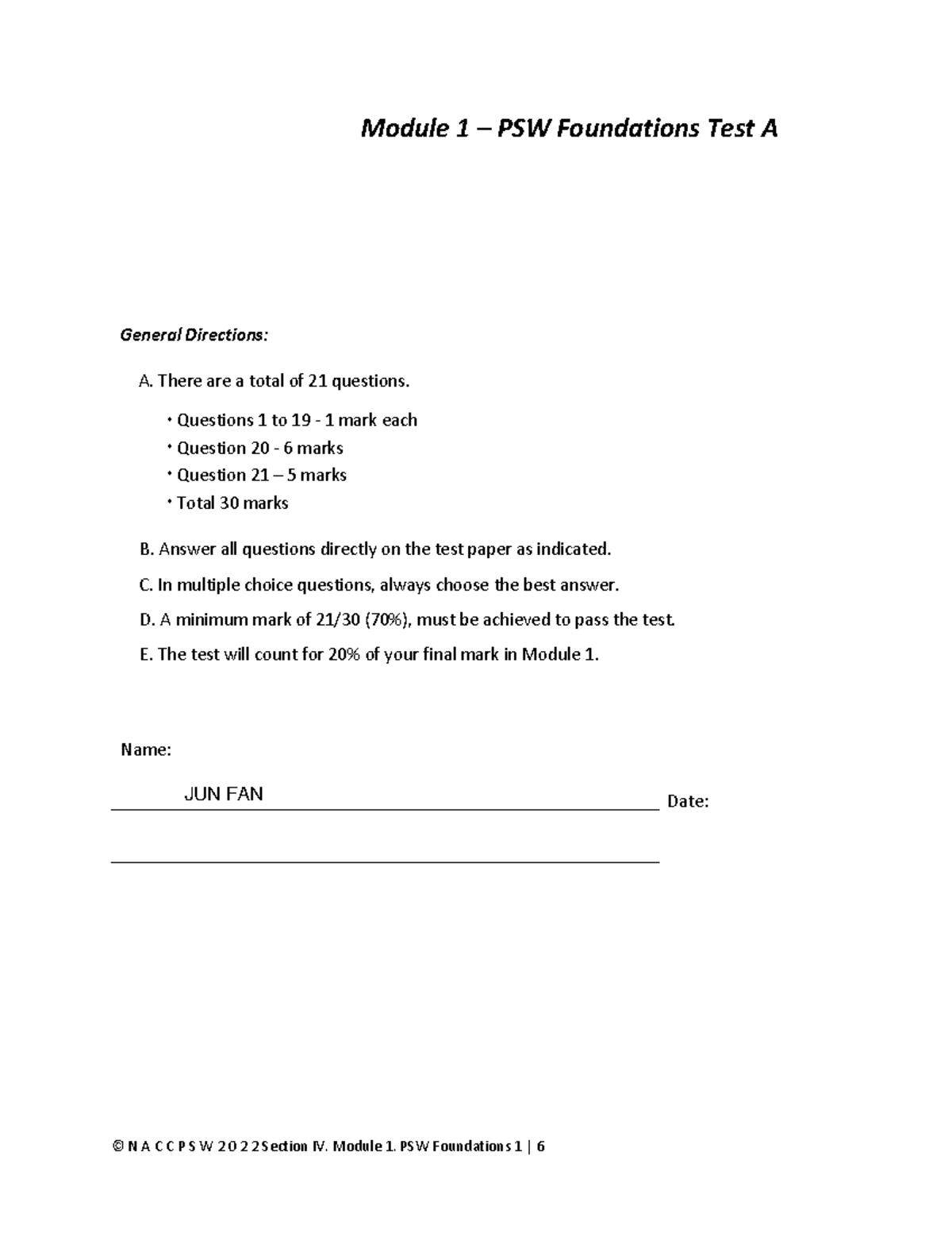 Module 1 PSW Foundations Test A: General Directions & Scenarios - Studocu