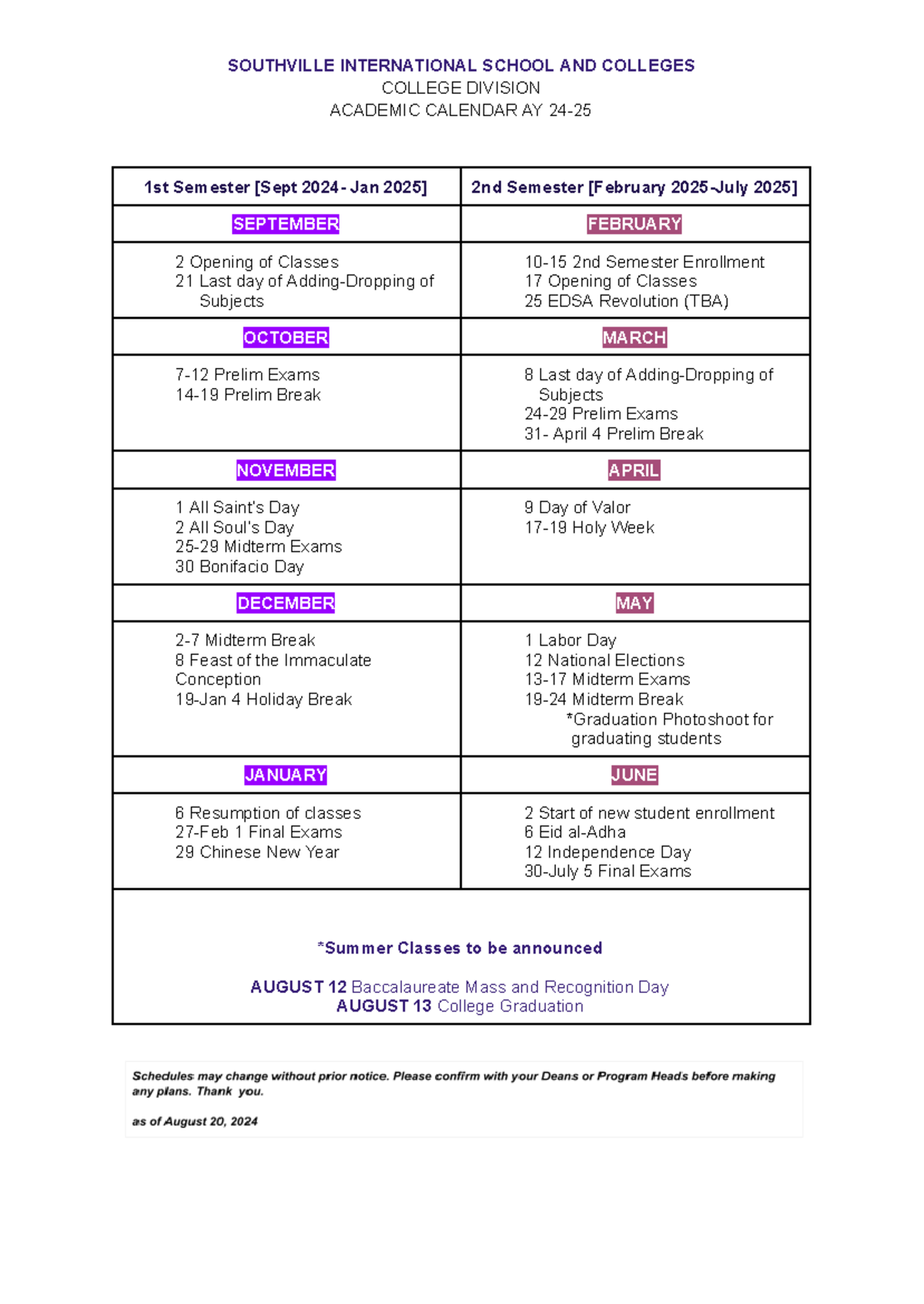 College Academic Calendar AY 2024-2025: Key Dates and Events - Studocu