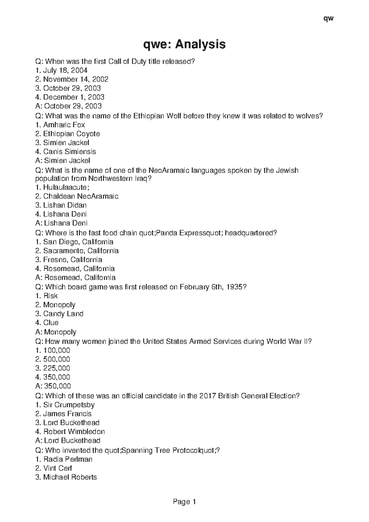 Qwe-Document-2: Quiz Answers and Analysis for Trivia Questions - Studocu
