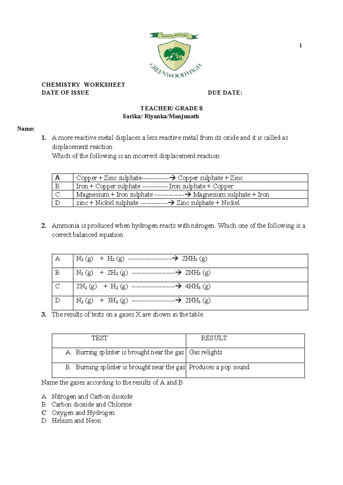 Reactivity Worksheet 2 - Grade 8 Chemistry - Studocu