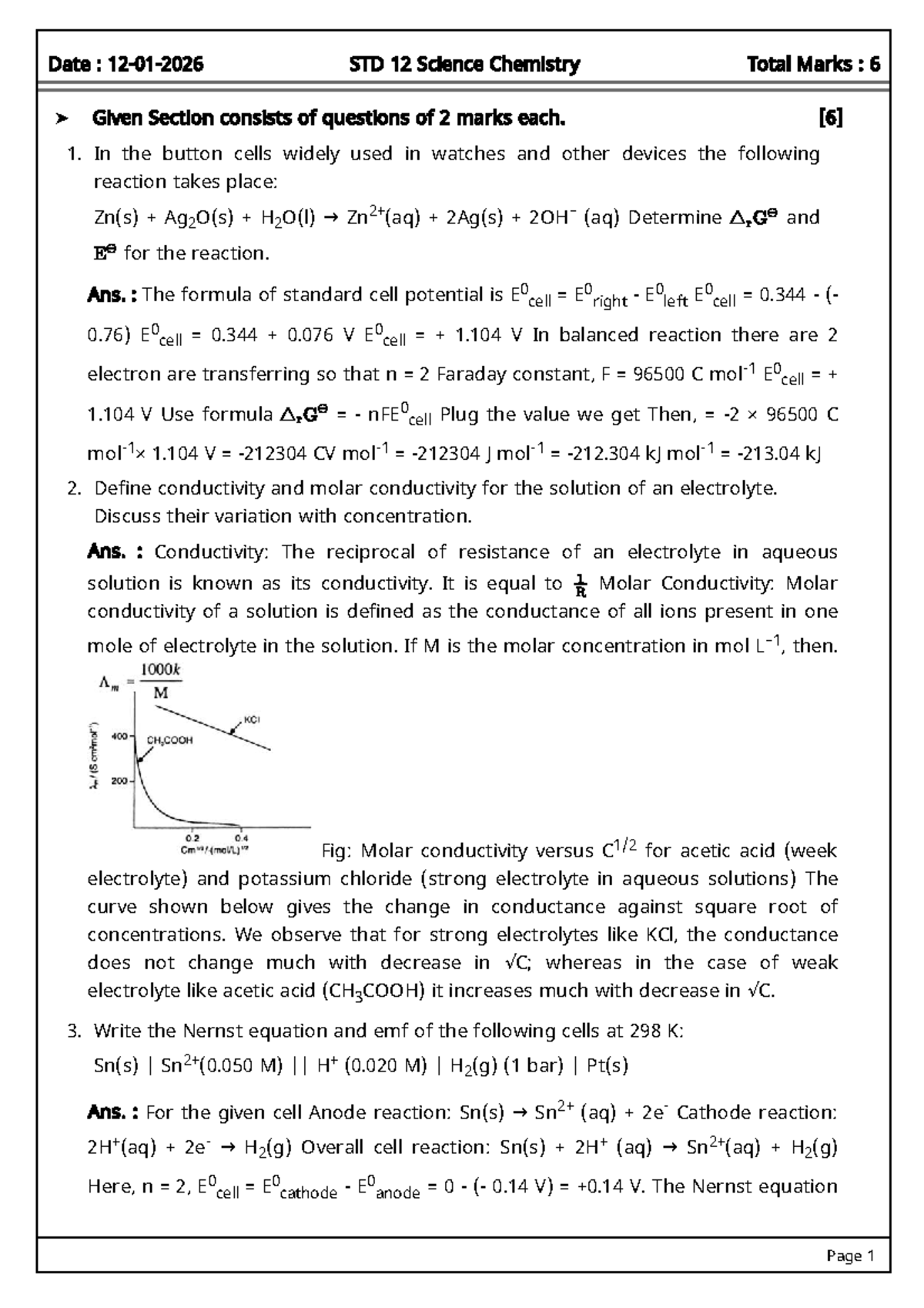 Electro Worksheet Solutions: STD 12 Science Chemistry Exam Prep - Studocu