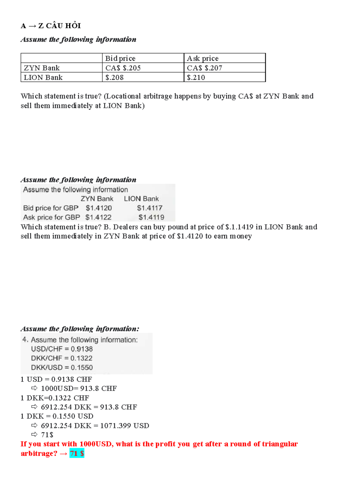 Bài Tập TCQT: Câu Hỏi và Giải Đáp Về Arbitrage và Tỷ Giá - Studocu