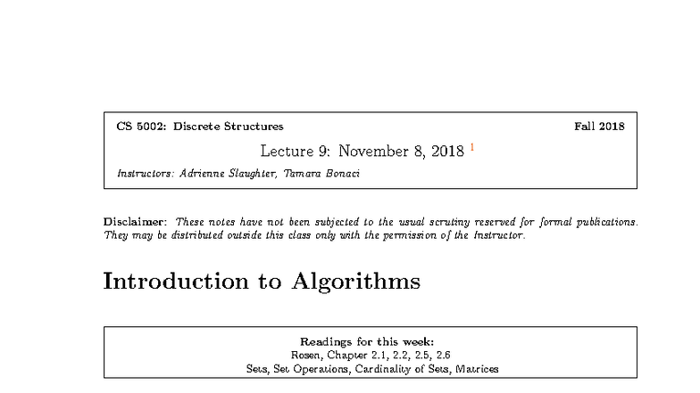 CS 5002: Discrete Structures Fall 2018 Lecture 9 Notes on Algorithms ...