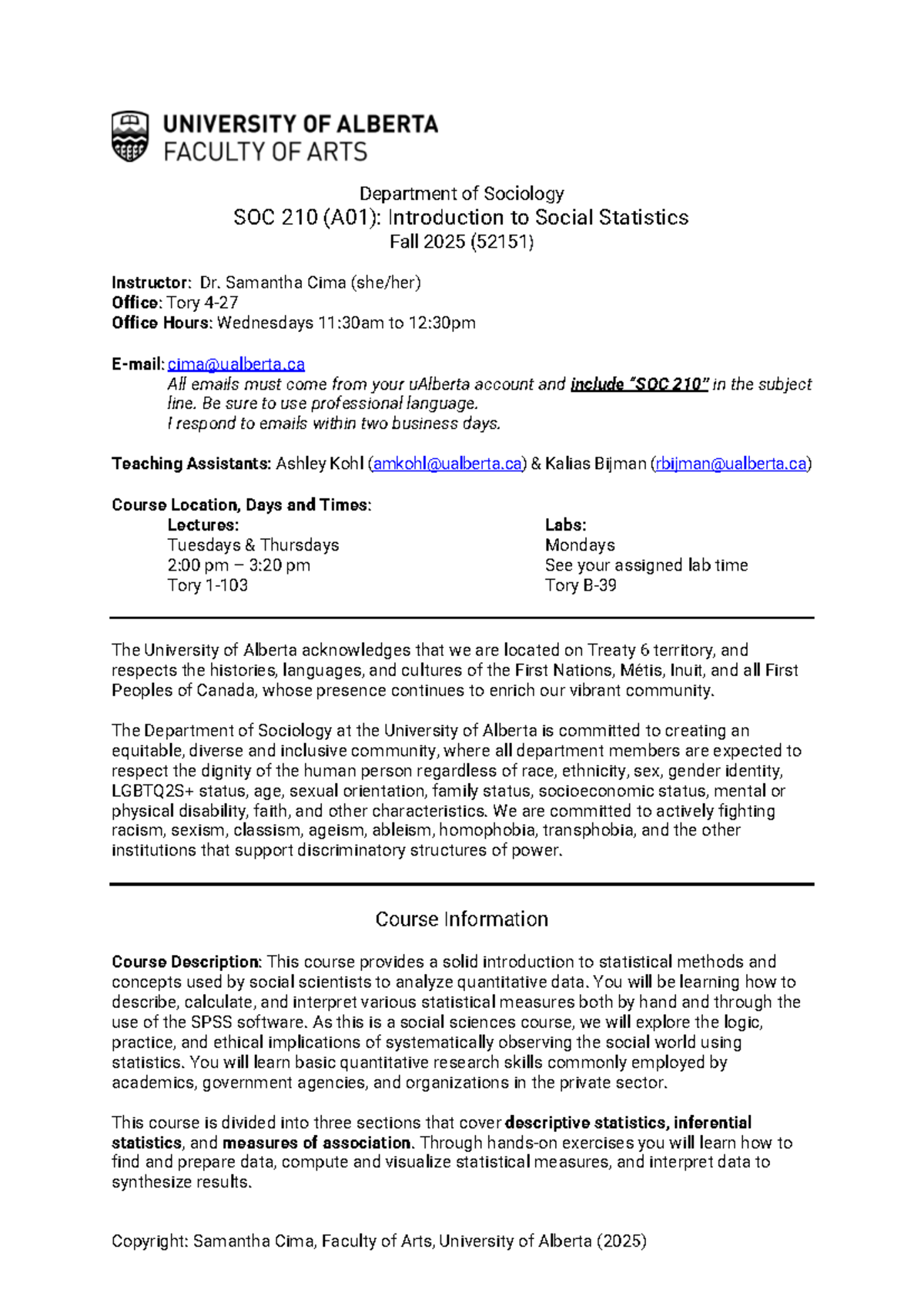 SOC 210 (A01): Fall 2025 Introduction to Social Statistics Syllabus ...