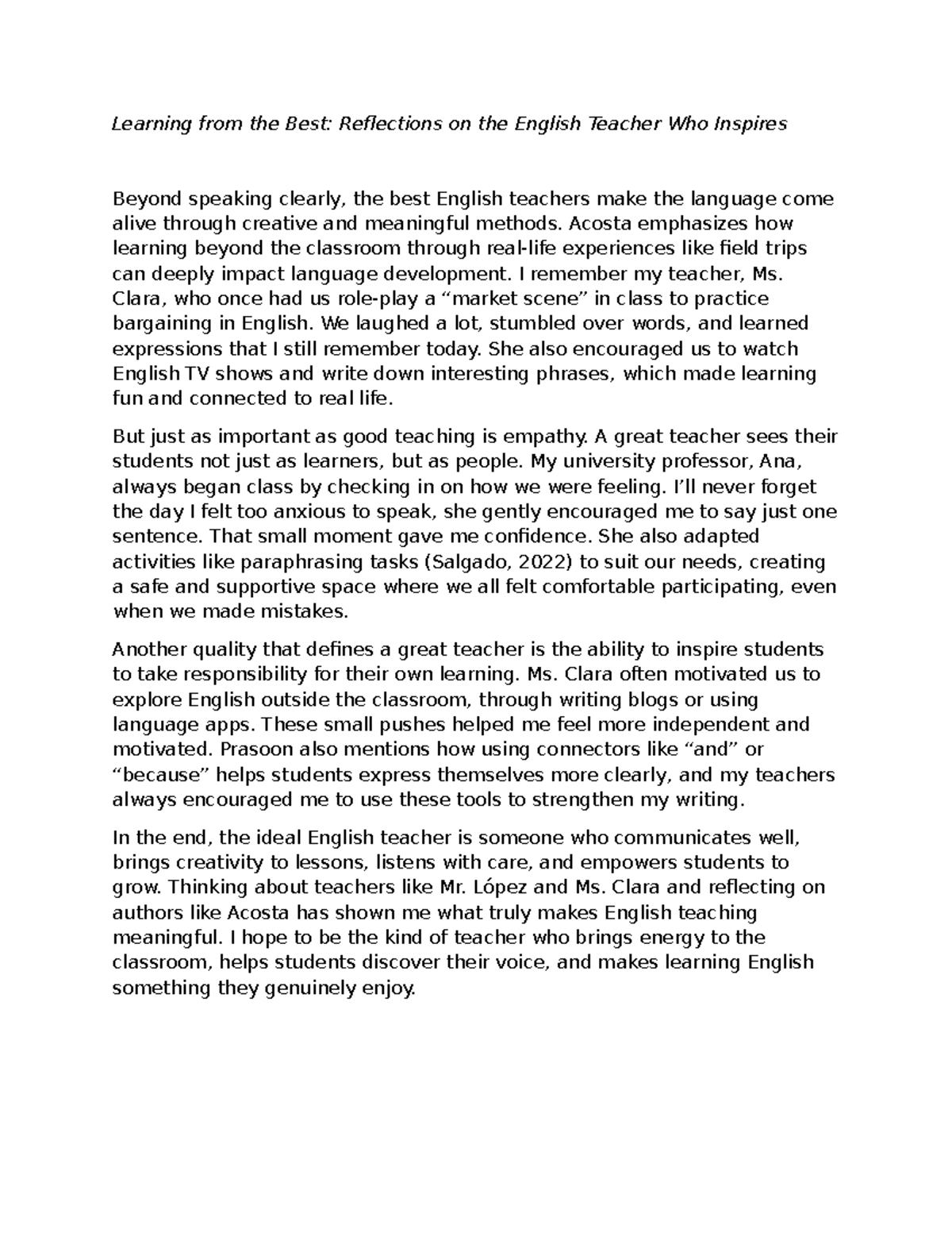 Reflections on Inspiring English Teachers: Practica de inglés - Studocu
