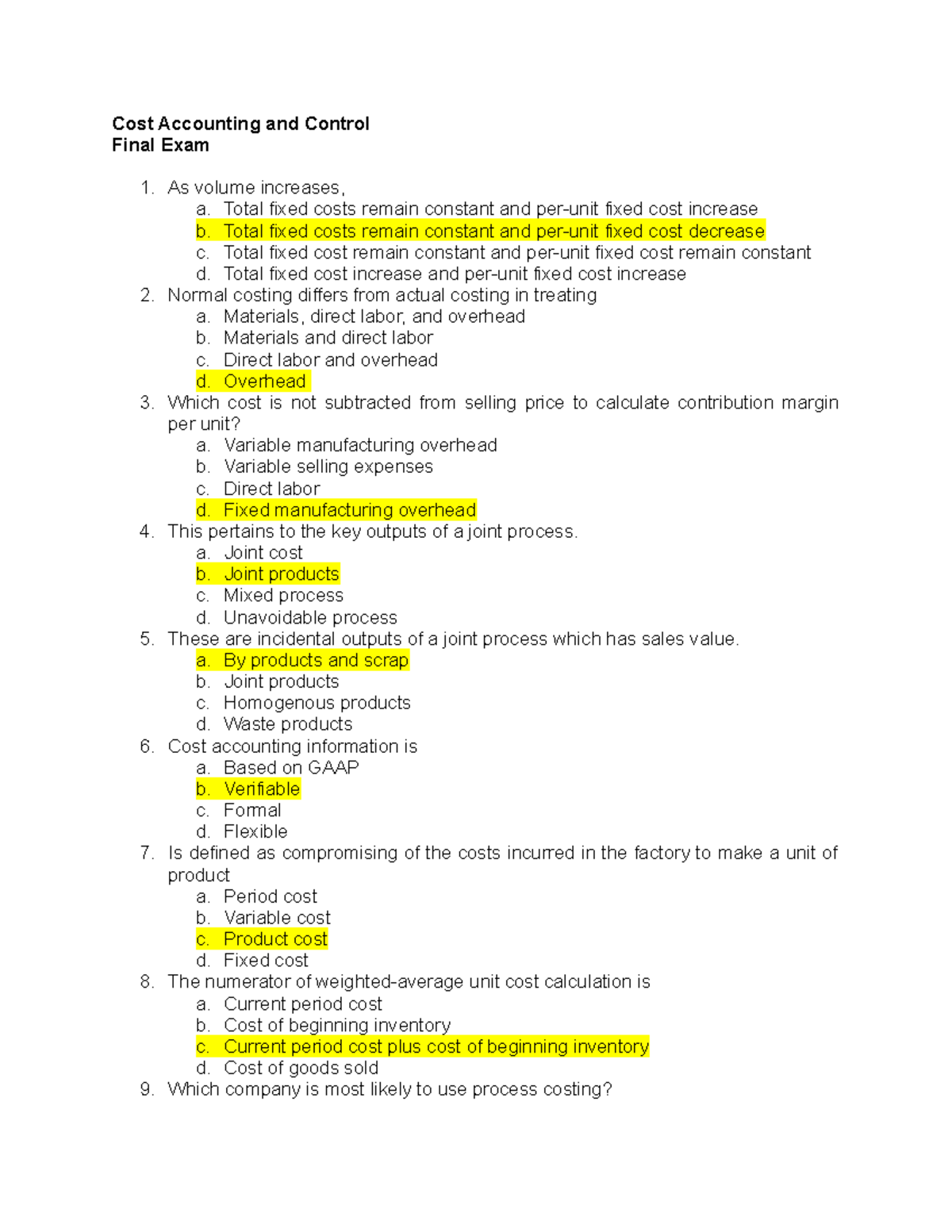 Cost Accounting and Control: Final Exam Review (ACC 301) - Studocu
