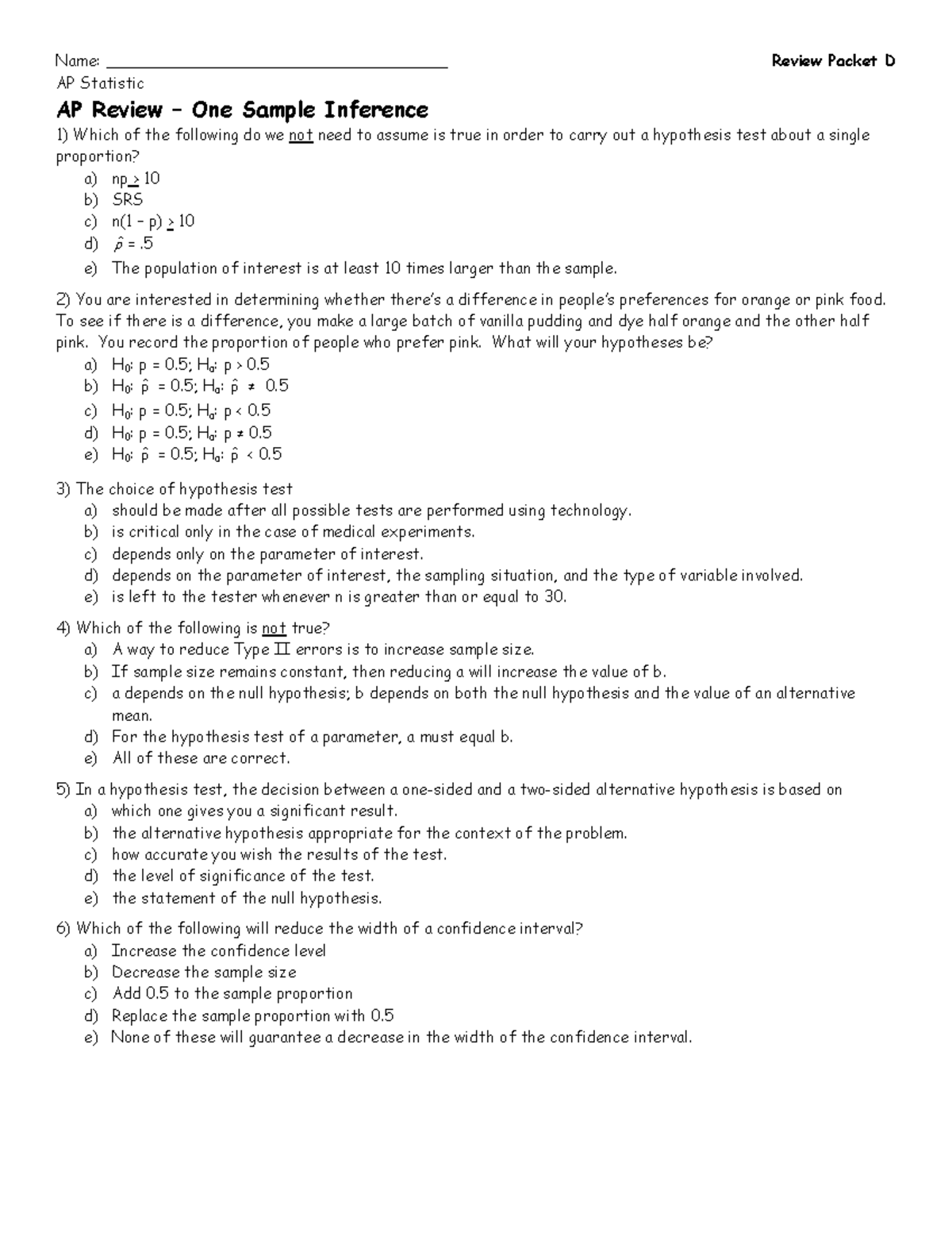 AP Statistics Review Assignment D: One Sample Inference Topics - Studocu