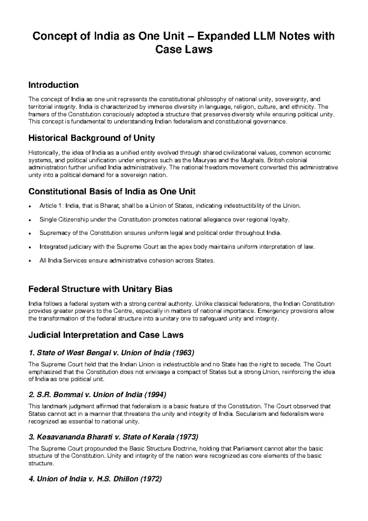 Concept of India as One Unit: Expanded LLM Notes & Case Laws - Studocu