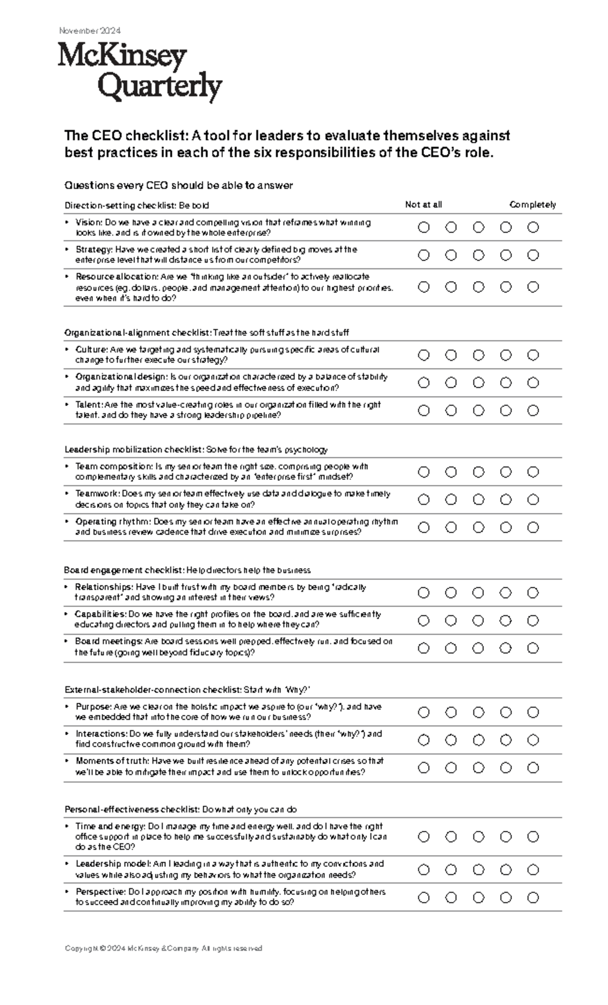 November 2024 McKinsey CEO Checklist: Evaluating Leadership Best ...