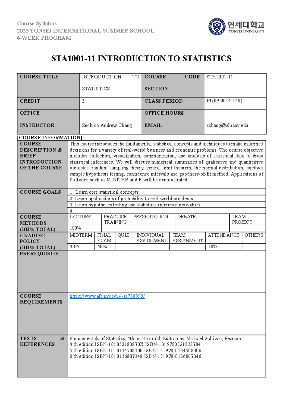 2025 YISS 6W STA1001-11 Intro to Statistics Course Syllabus - Studocu