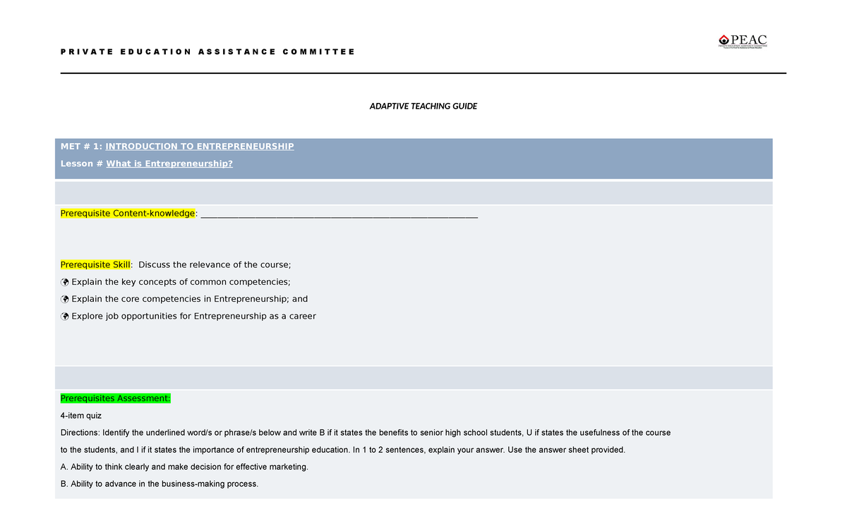 ATG Entrep - report for learning - ADAPTIVE TEACHING GUIDE MET # 1 ...