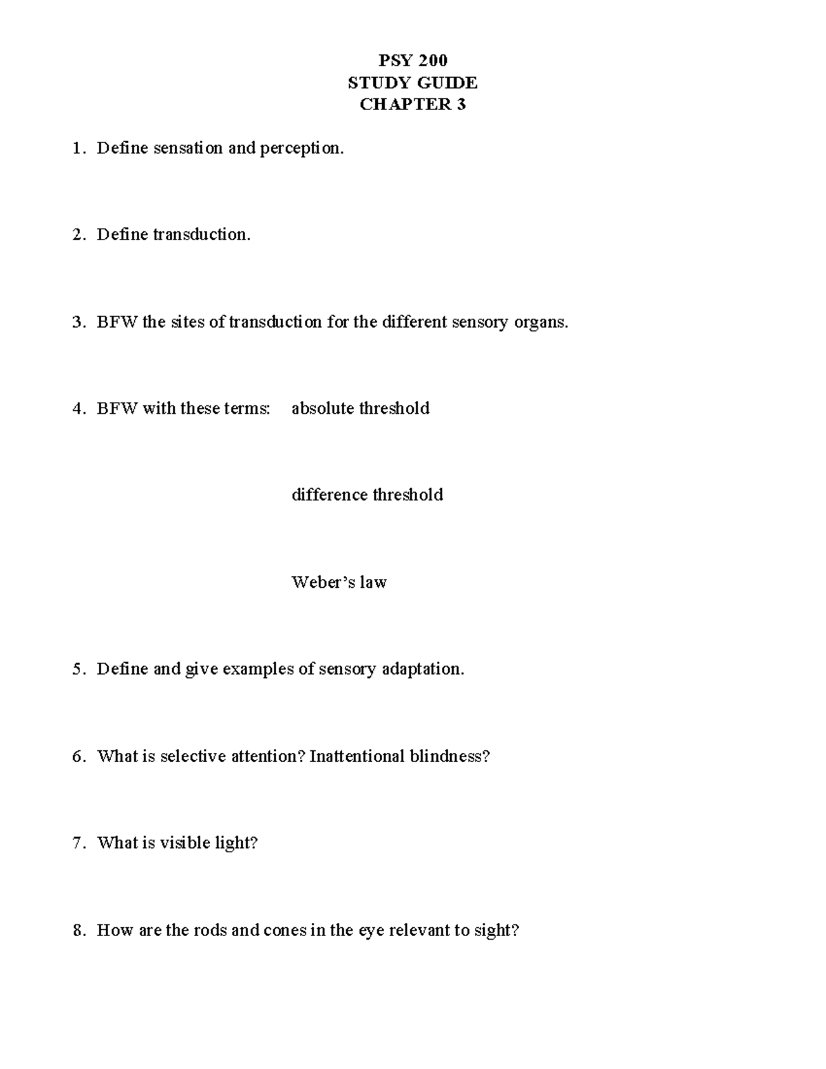PSY 200 STUDY GUIDE: CHAPTER 3 SENSATION & PERCEPTION CONCEPTS - Studocu