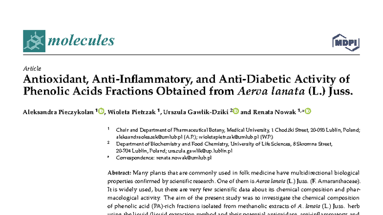 Molecules 26: Antioxidant Activity of Phenolic Acids from Aerva lanata ...