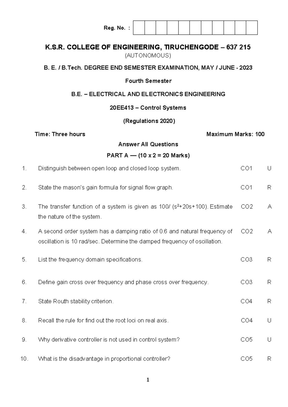 I20EE425 - 20EE413 Final Exam Control Systems Study Guide - Studocu