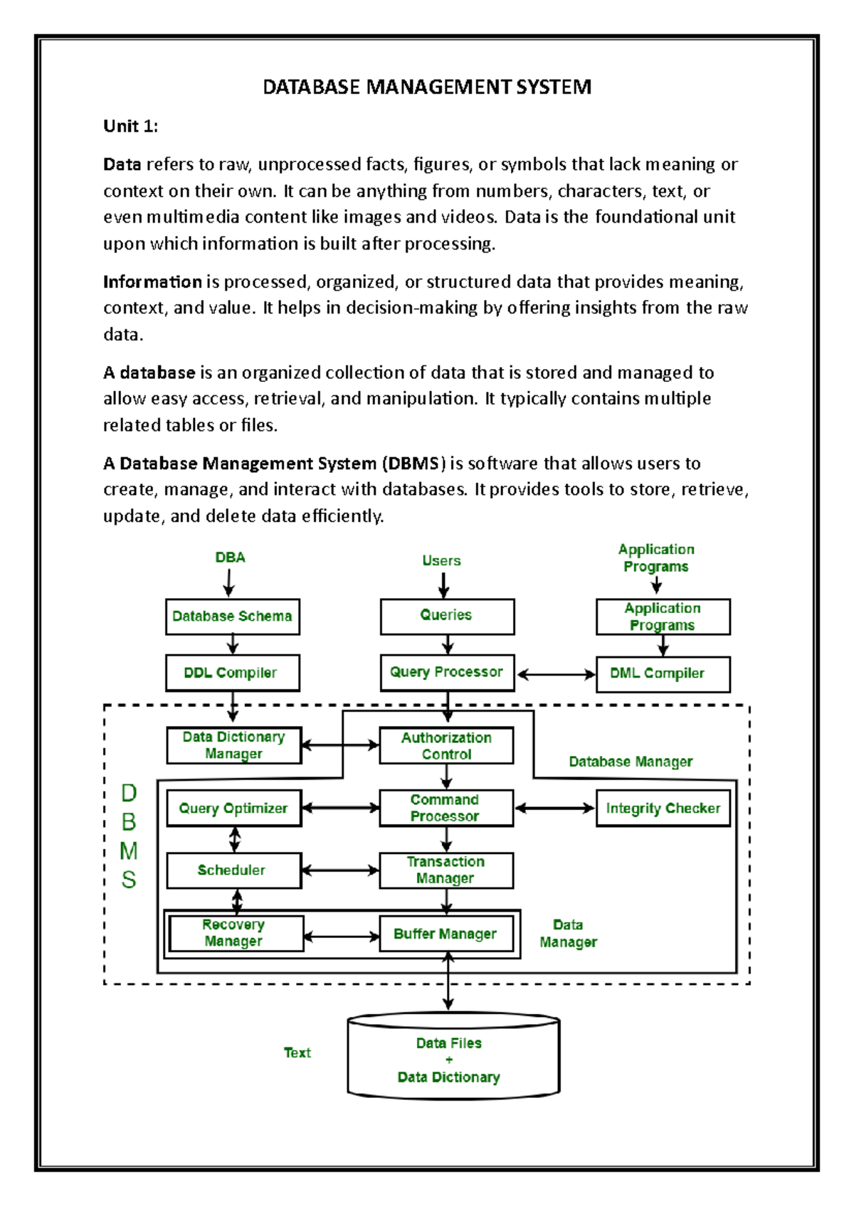 DATABASE MANAGEMENT SYSTEM Unit 1: Overview and Key Concepts - Studocu